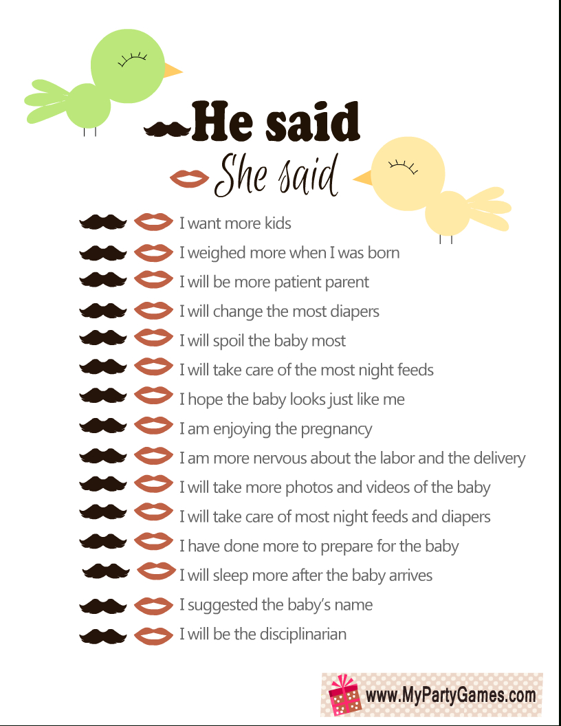Free Printable He Said, She Said Baby Shower Game with regard to Free Printable Templates For Baby Shower Games