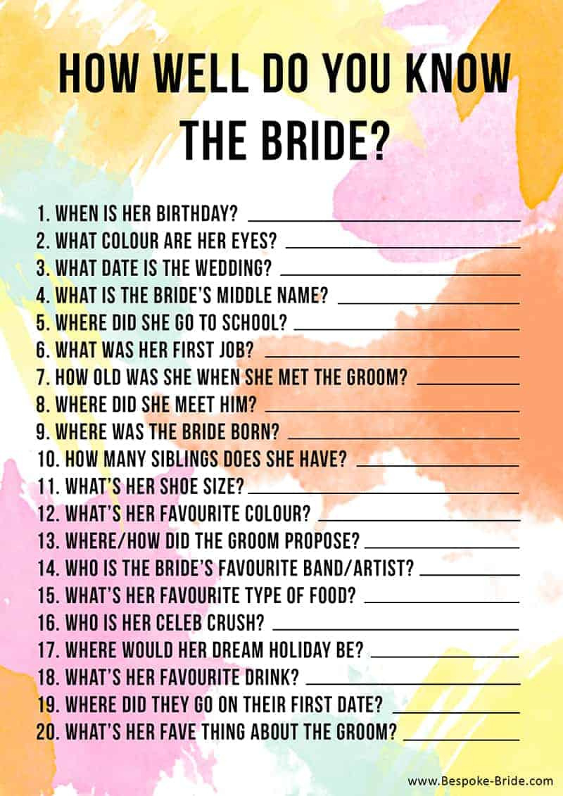 Free Printable 'How Well Do You Know The Bride?' Hen Party in How Well Do You Know The Bride Game Free Printable