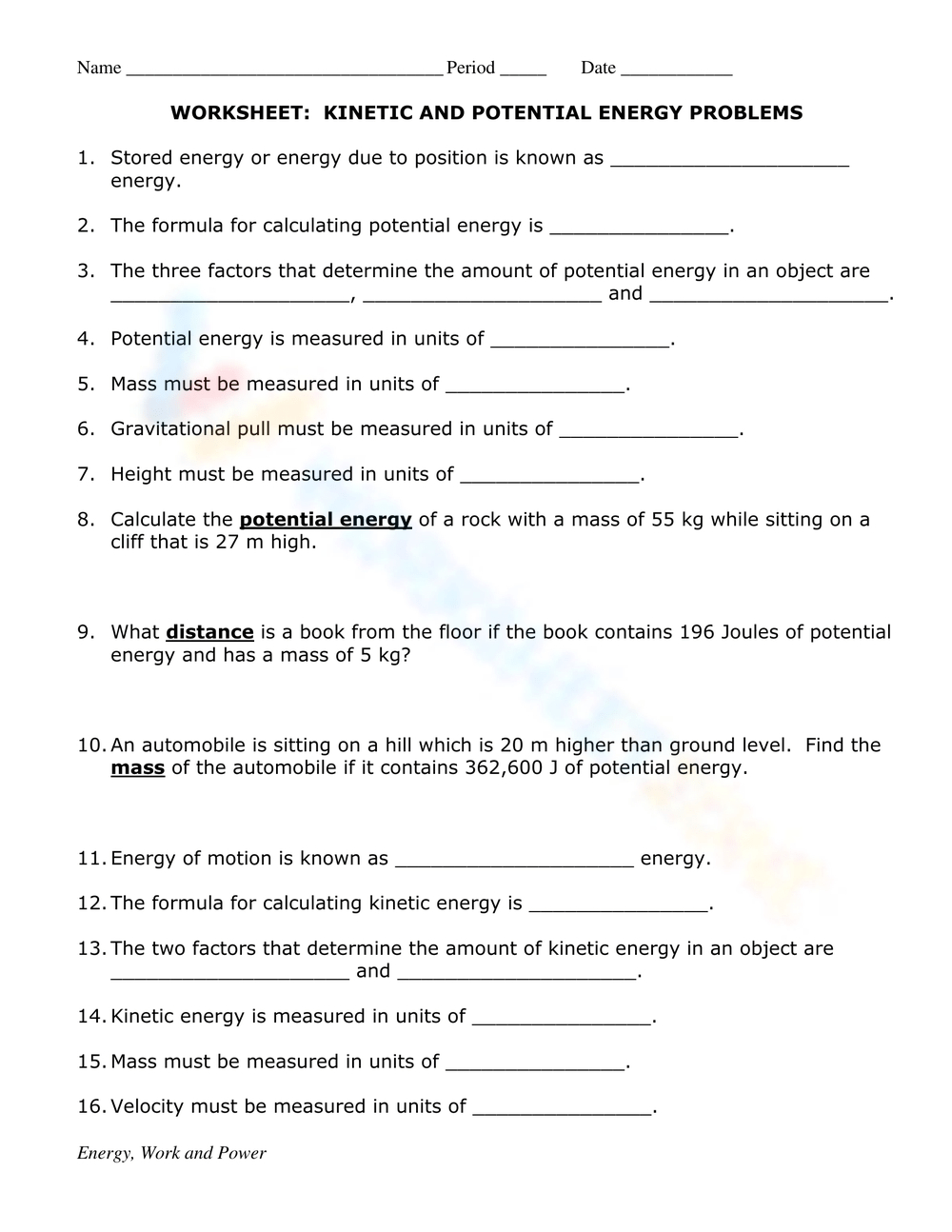 Free Printable Kinetic &amp;amp;Amp; Potential Energy Worksheets regarding Free Printable Worksheets On Potential And Kinetic Energy