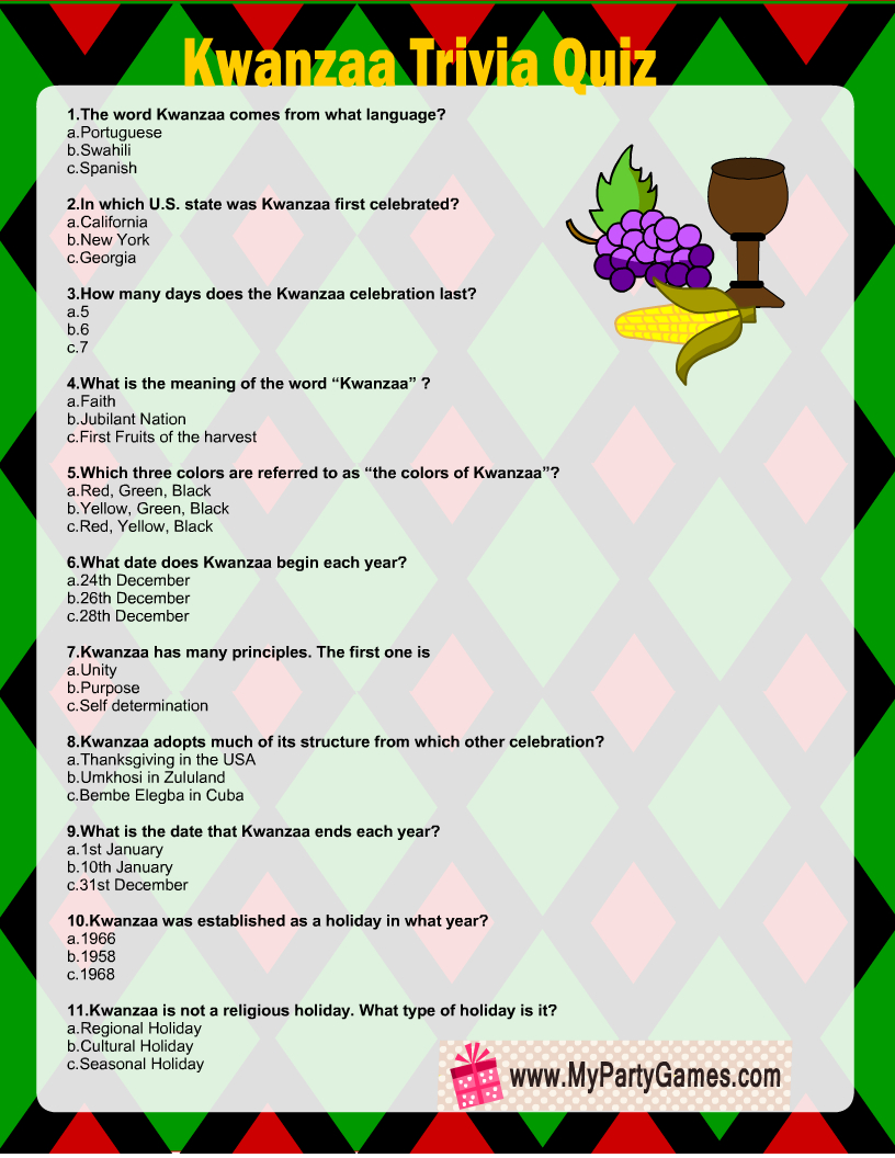 Free Printable Kwanzaa Trivia Quiz With Answer Key for Kwanzaa Trivia Free Printable