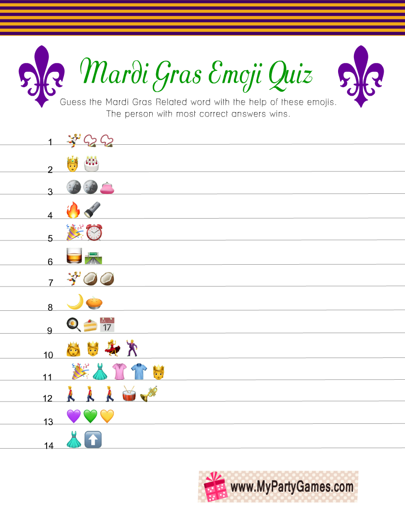 Free Printable Mardi Gras Emoji Quiz With Answer Key throughout Free Printable Mardi Gras Games