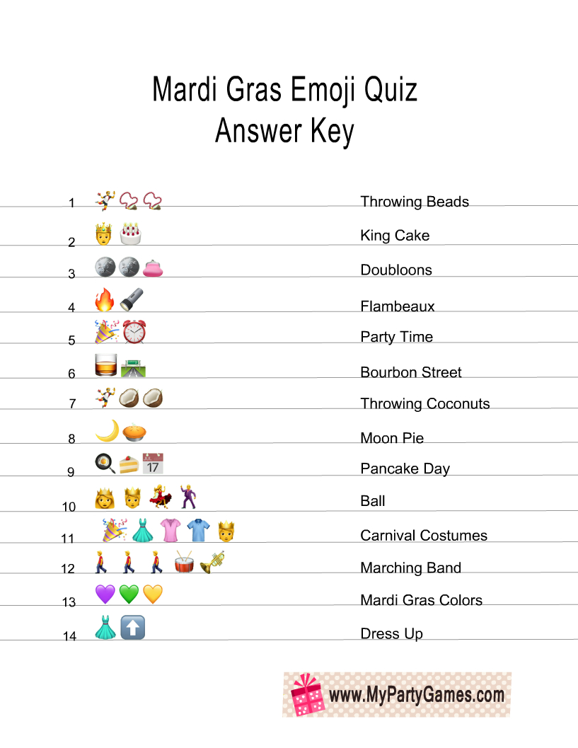 Free Printable Mardi Gras Emoji Quiz With Answer Key with Free Printable Mardi Gras Games