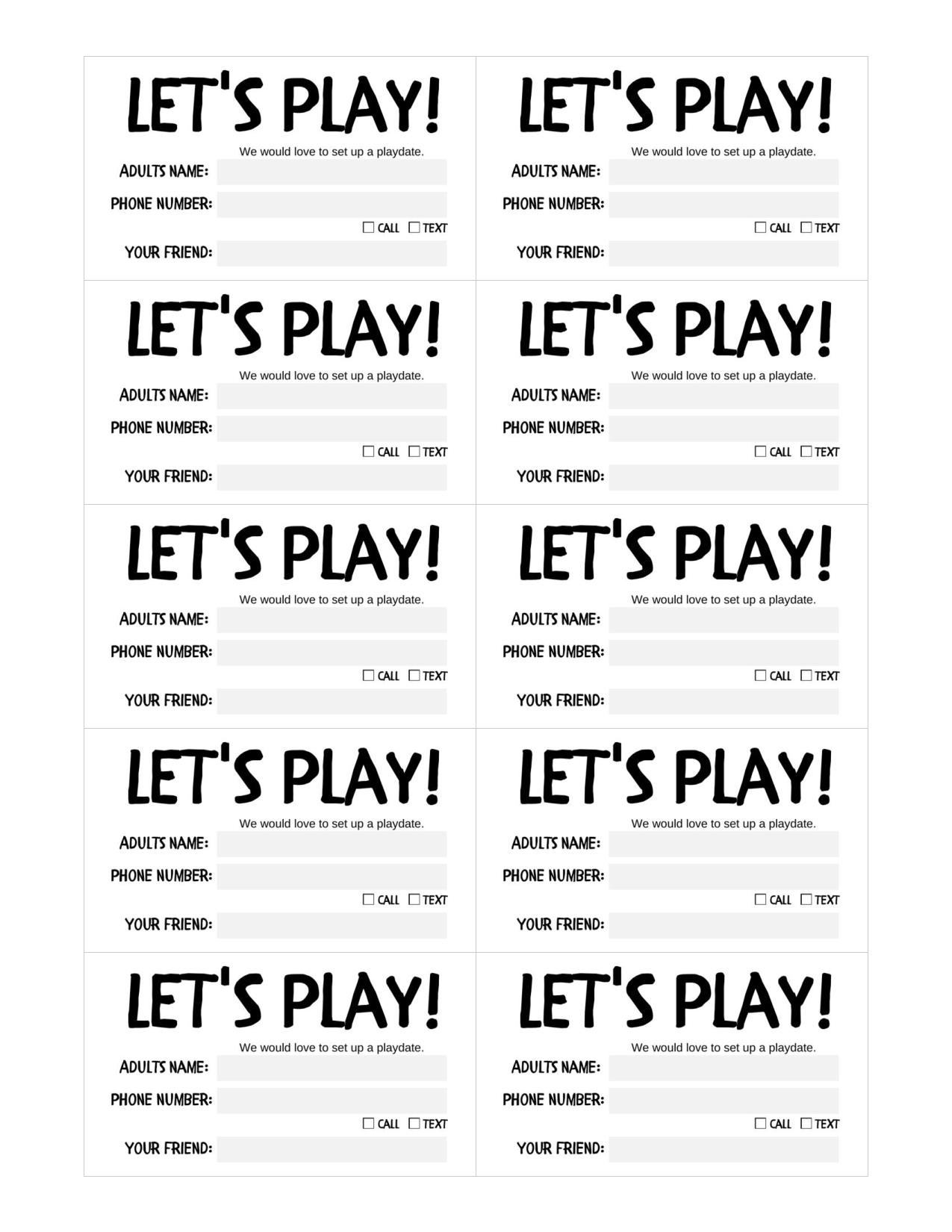 Free Printable Play Date Calling Cards - Sincerely Saturday for Play Date Invitations Free Printable