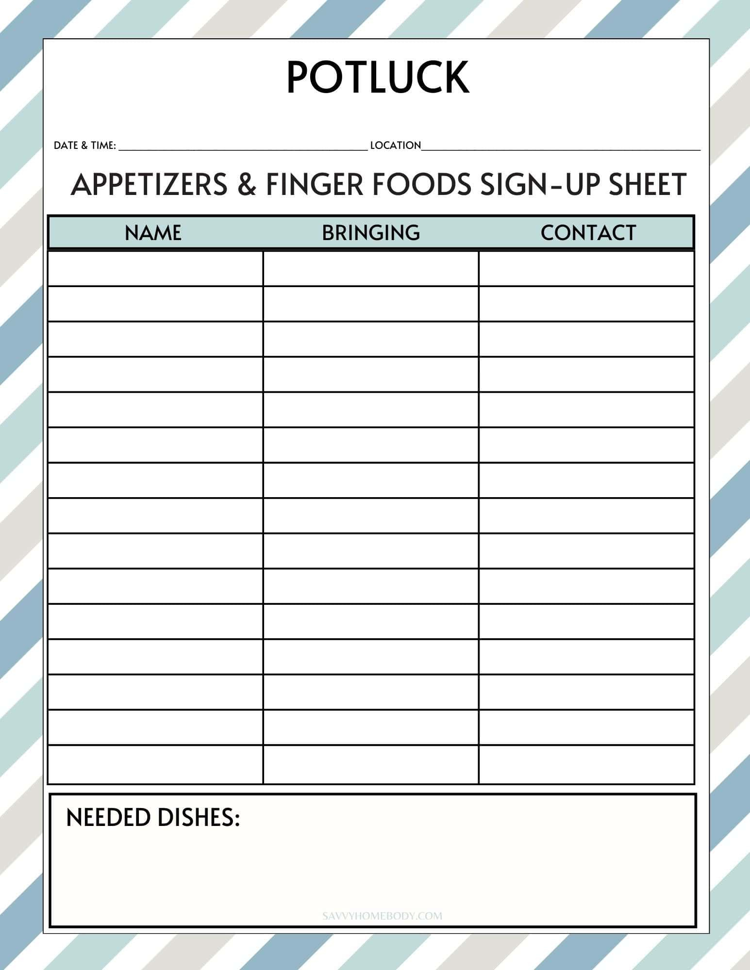 Free Printable Potluck Sign Up Sheets with regard to Free Printable Sign Up Sheets For Potlucks