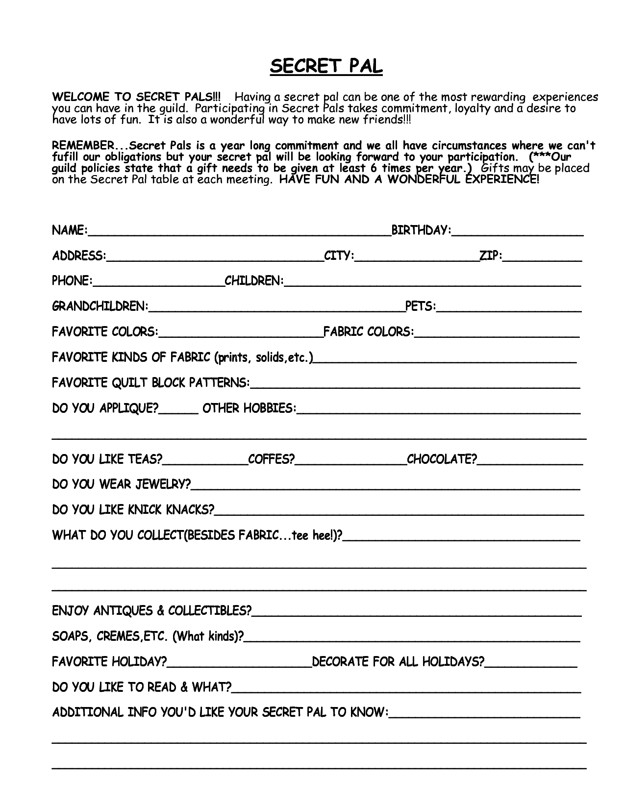 Free Printable Secret Sister Questionnaire - Printable Party Favors within Free Printable Secret Pal Forms