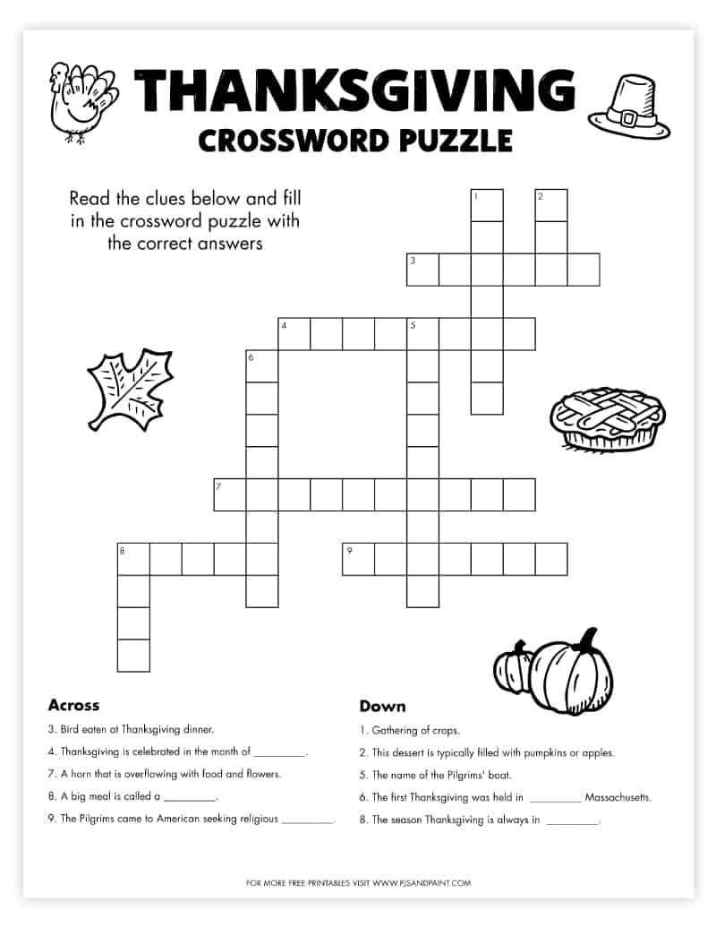 Free Printable Thanksgiving Crossword Puzzle - Pjs And Paint regarding Thanksgiving Crossword Puzzles Printable Free