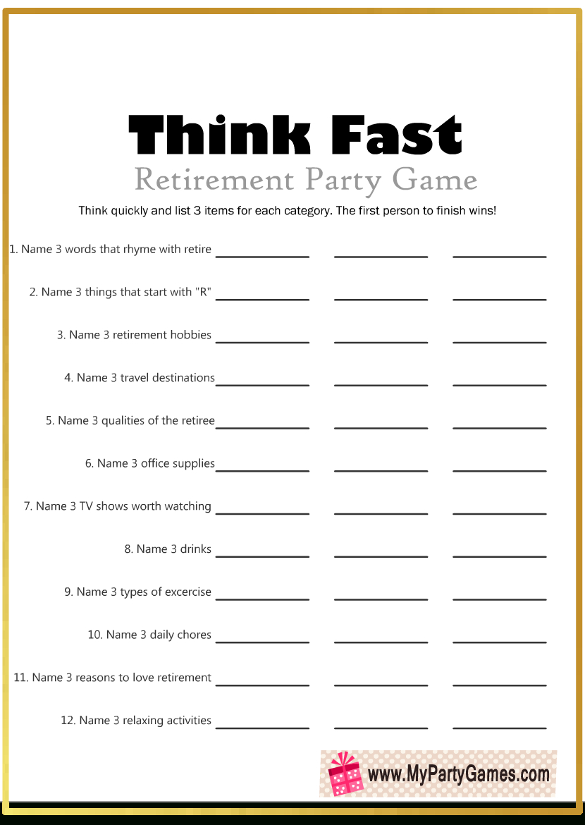 Free Printable Think Fast Game For Retirement Party inside Retirement Party Games Free Printable
