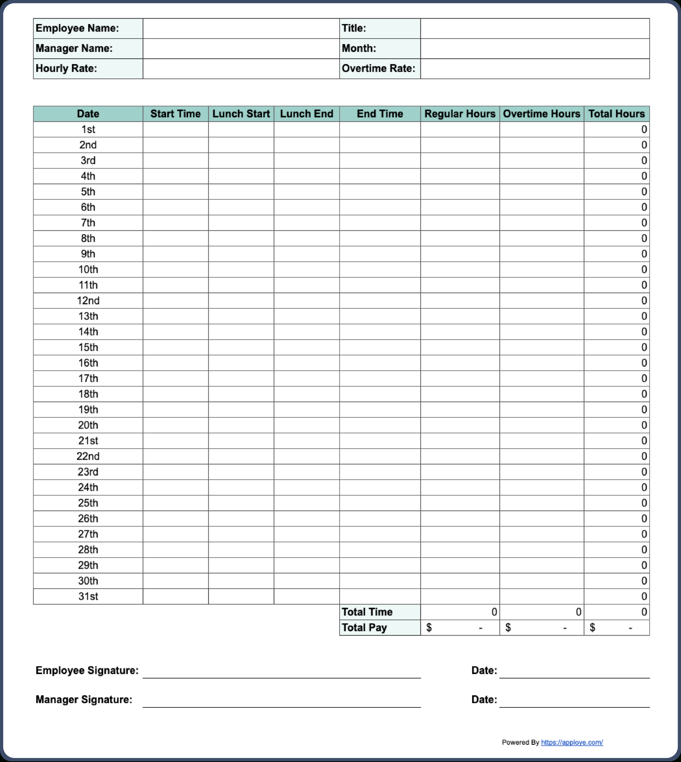 Free Printable Timesheet Templates (Excel, Word, Pdf) with regard to Free Printable Time Tracking Sheets