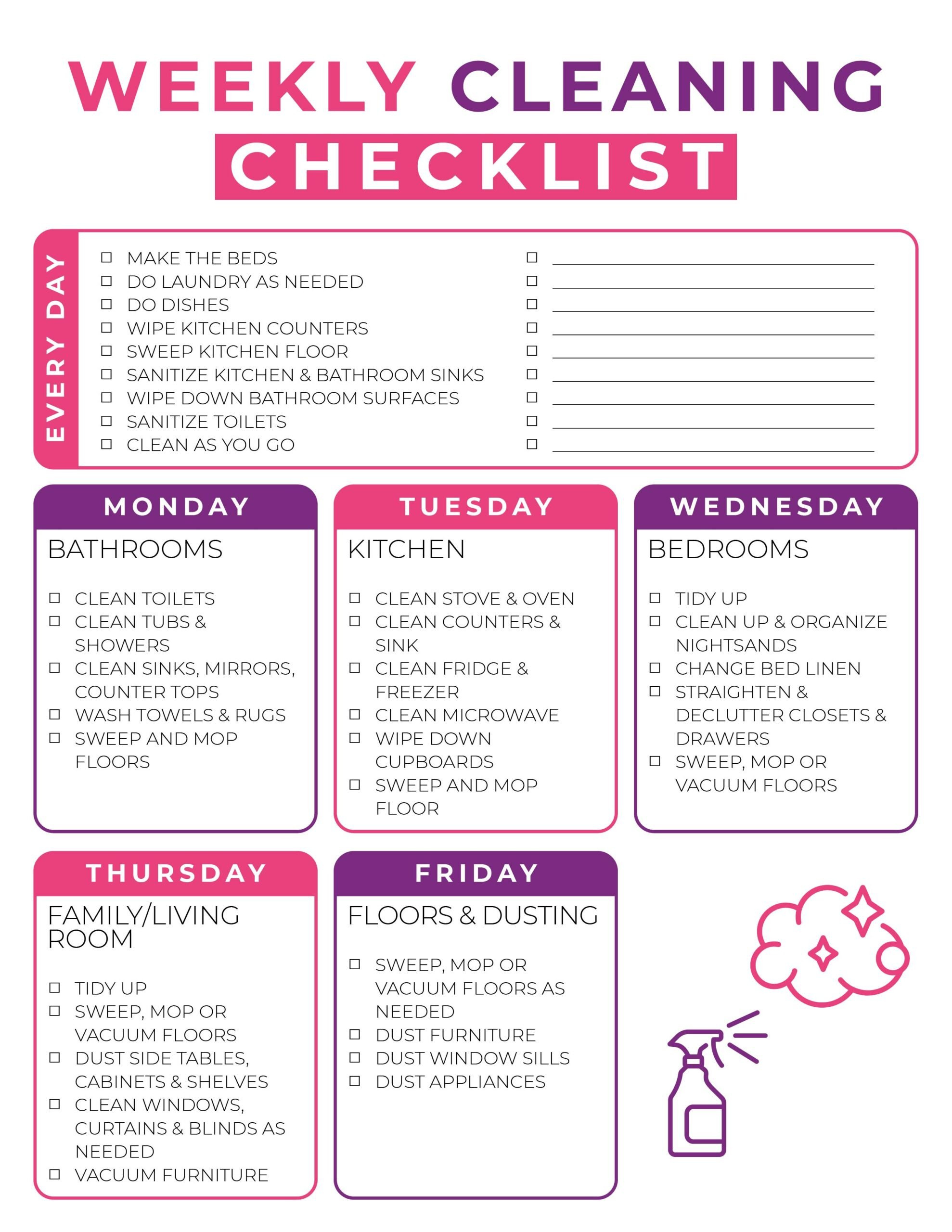 Free Printable Weekly Cleaning Checklist {Instant Pdf Download regarding Free Printable Housework Checklist