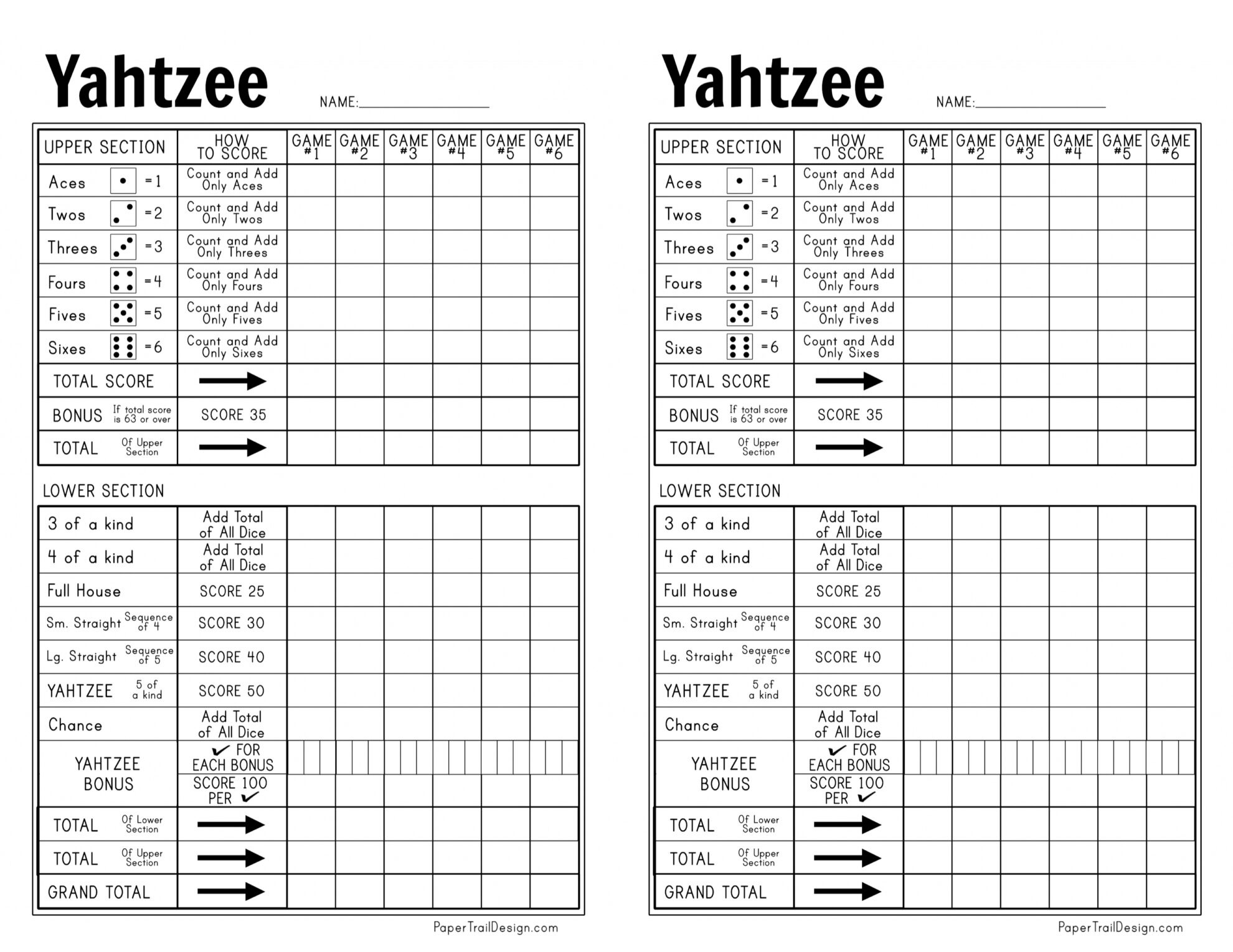 Free Printable Yahtzee Score Card - Paper Trail Design pertaining to Free Printable Yahtzee Score Sheets