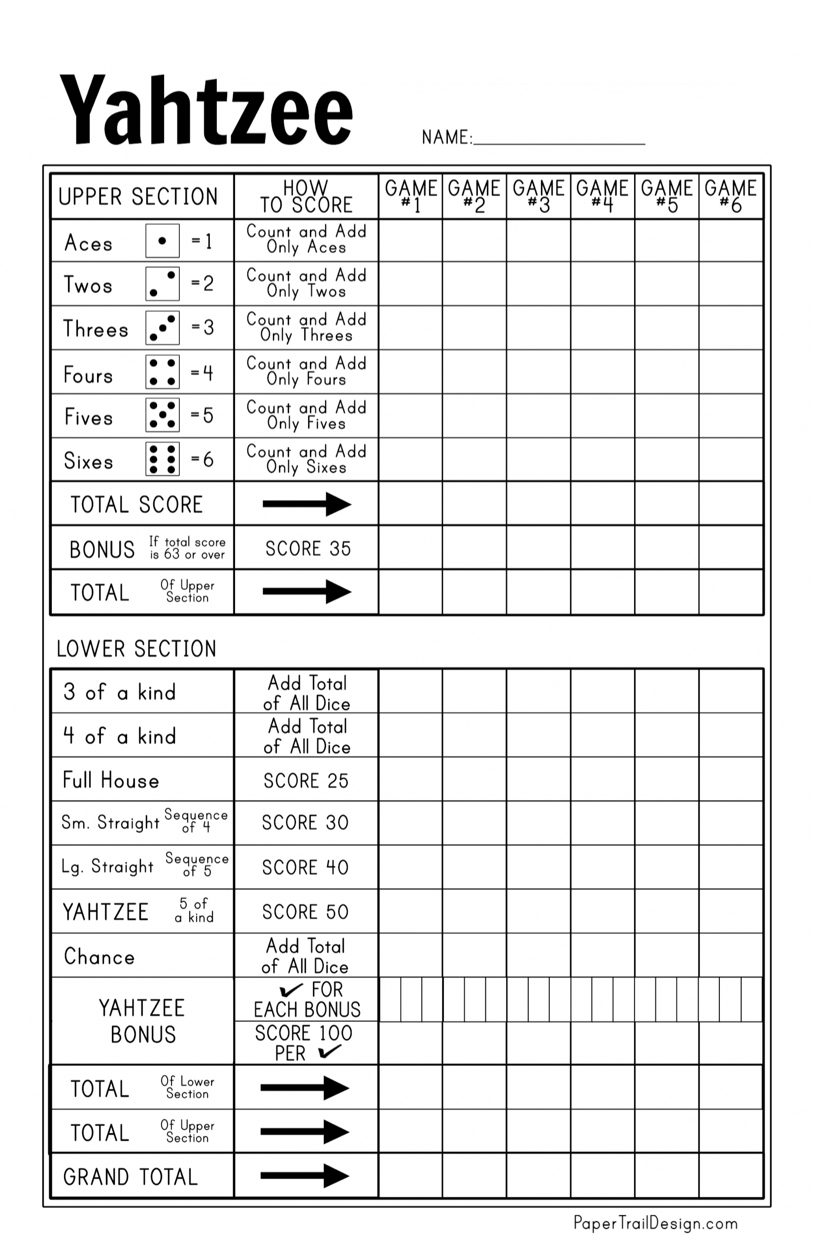 Free Printable Yahtzee Score Card - Paper Trail Design with regard to Free Printable Yahtzee Score Sheets