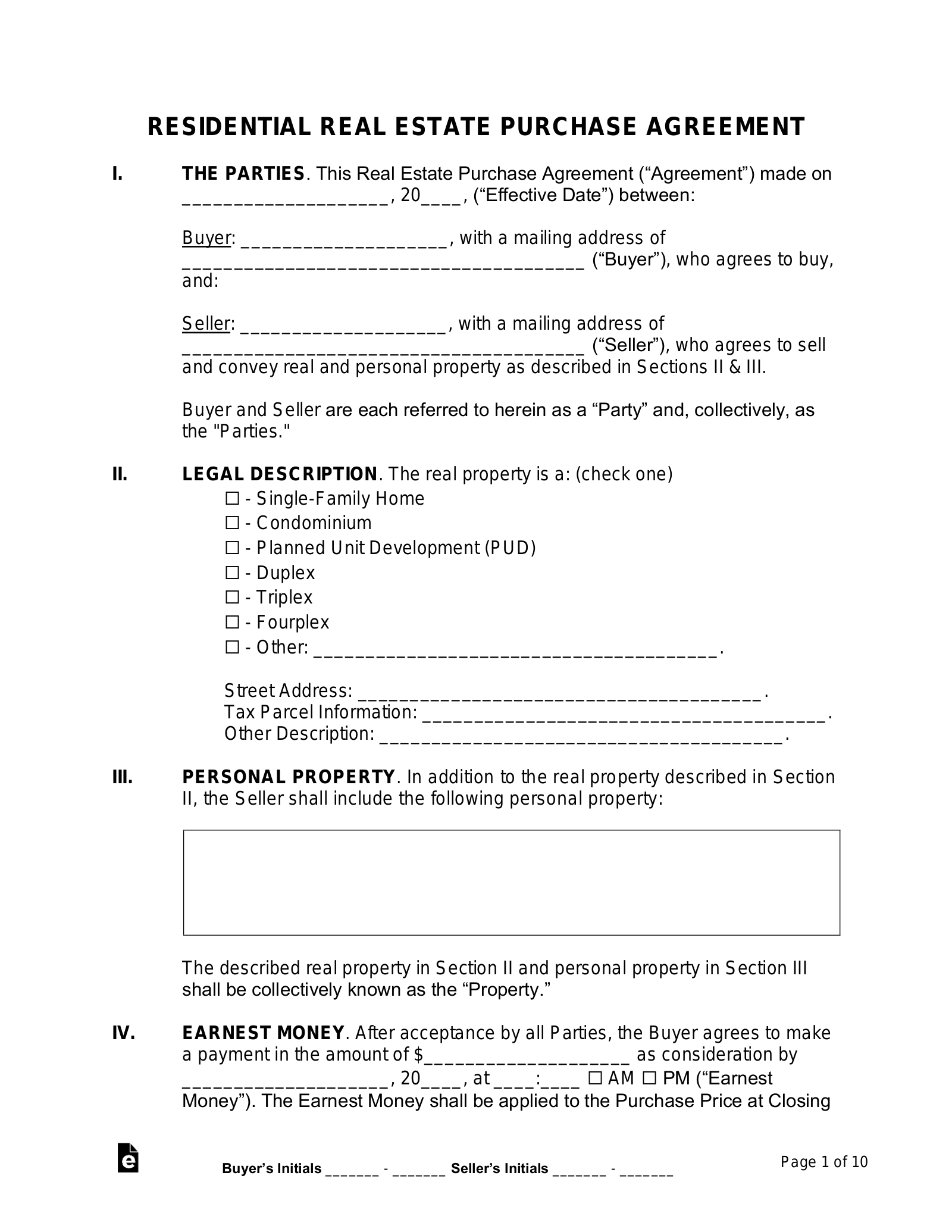 Free Purchase And Sale Agreement Template - Pdf | Word – Eforms pertaining to Free Printable Real Estate Contracts