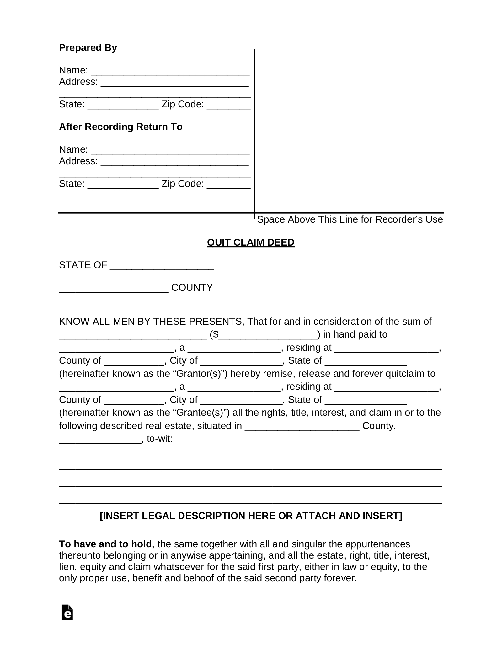 Free Quit Claim Deed Form - Pdf | Word – Eforms with Free Printable Quit Claim Deed Form