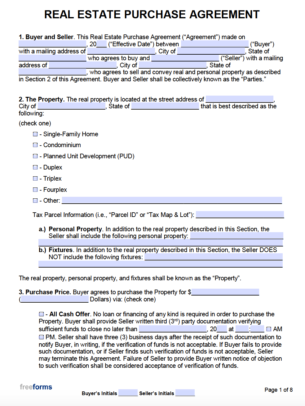 Free Real Estate Purchase Agreements | Pdf | Word pertaining to Free Printable Real Estate Purchase Agreement