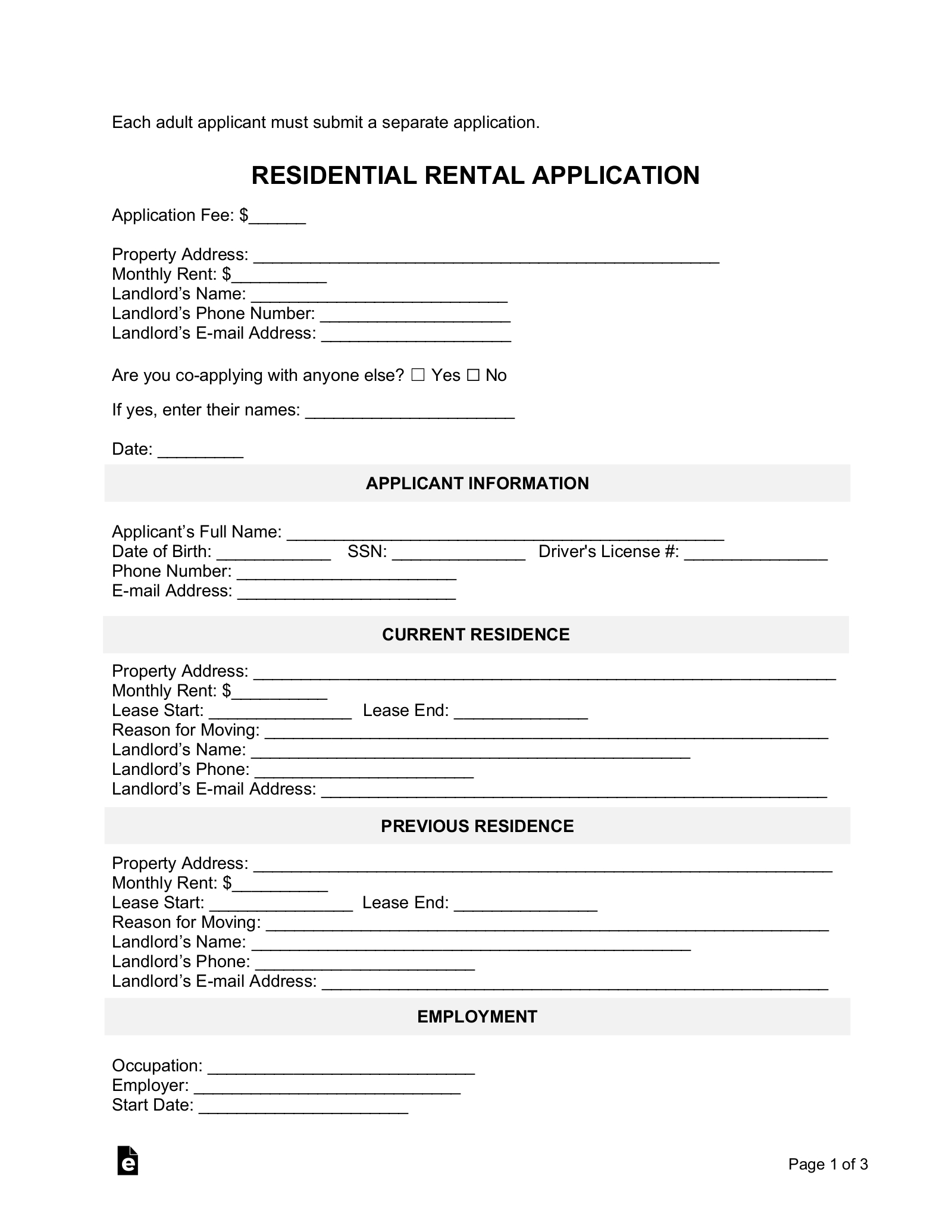 Free Rental Application Form - Pdf | Word – Eforms within Free Printable Rental Application