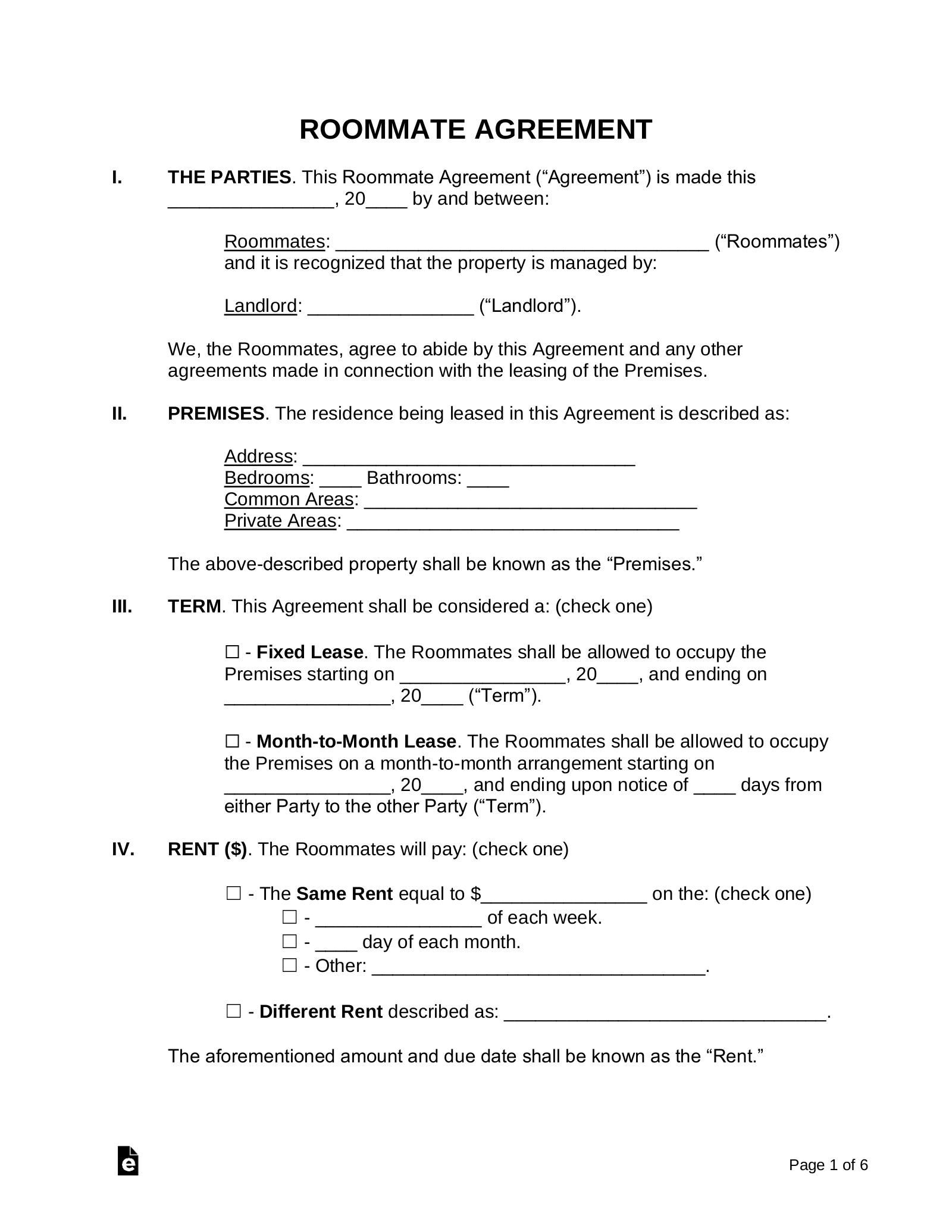 Free Roommate (Room Rental) Agreement Template - Pdf | Word – Eforms in Free Printable Room Rental Agreement Forms