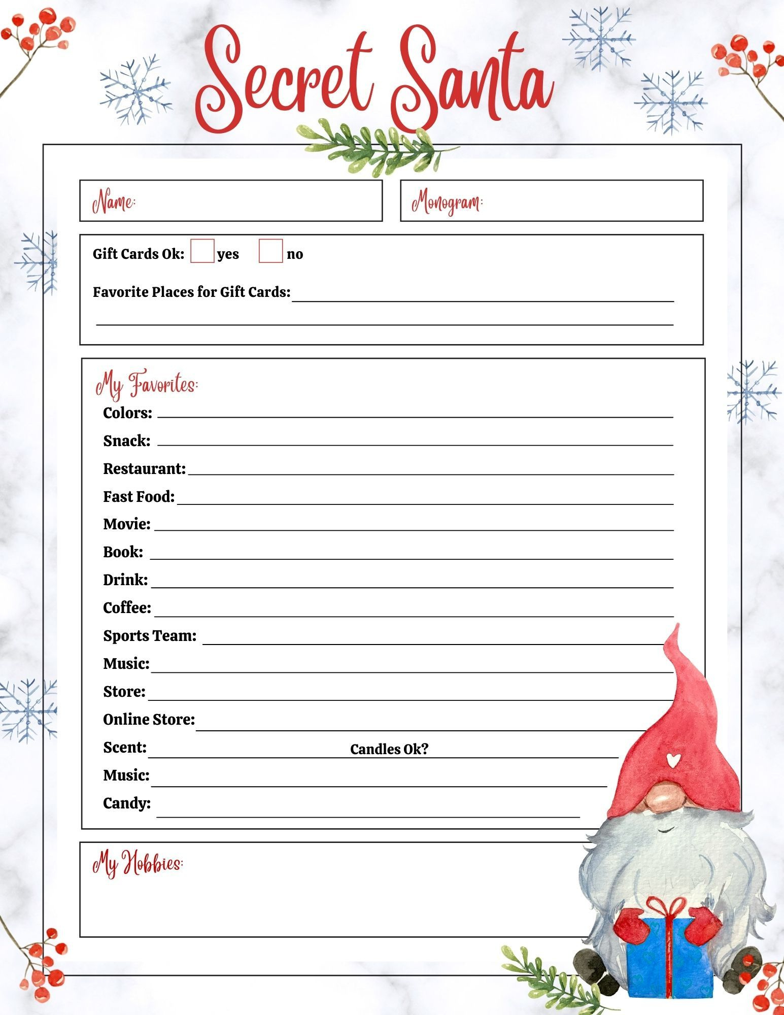 Free Secret Santa List Printable Questionnaire: 2 Options inside Free Printable Secret Pal Forms