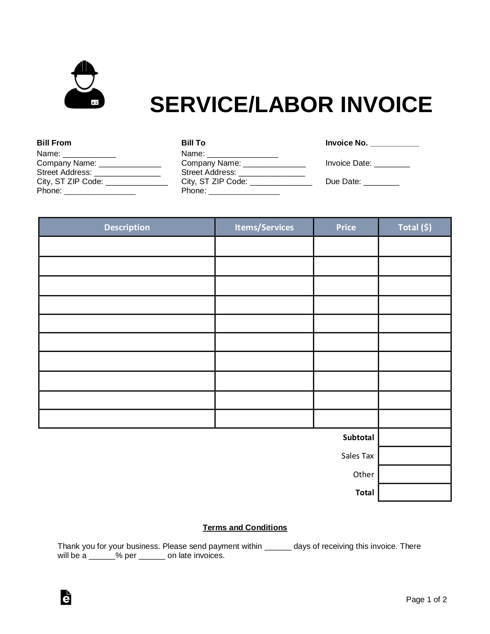 Free Service/Labor Invoice Template - Pdf | Word – Eforms intended for Free Printable Work Invoices