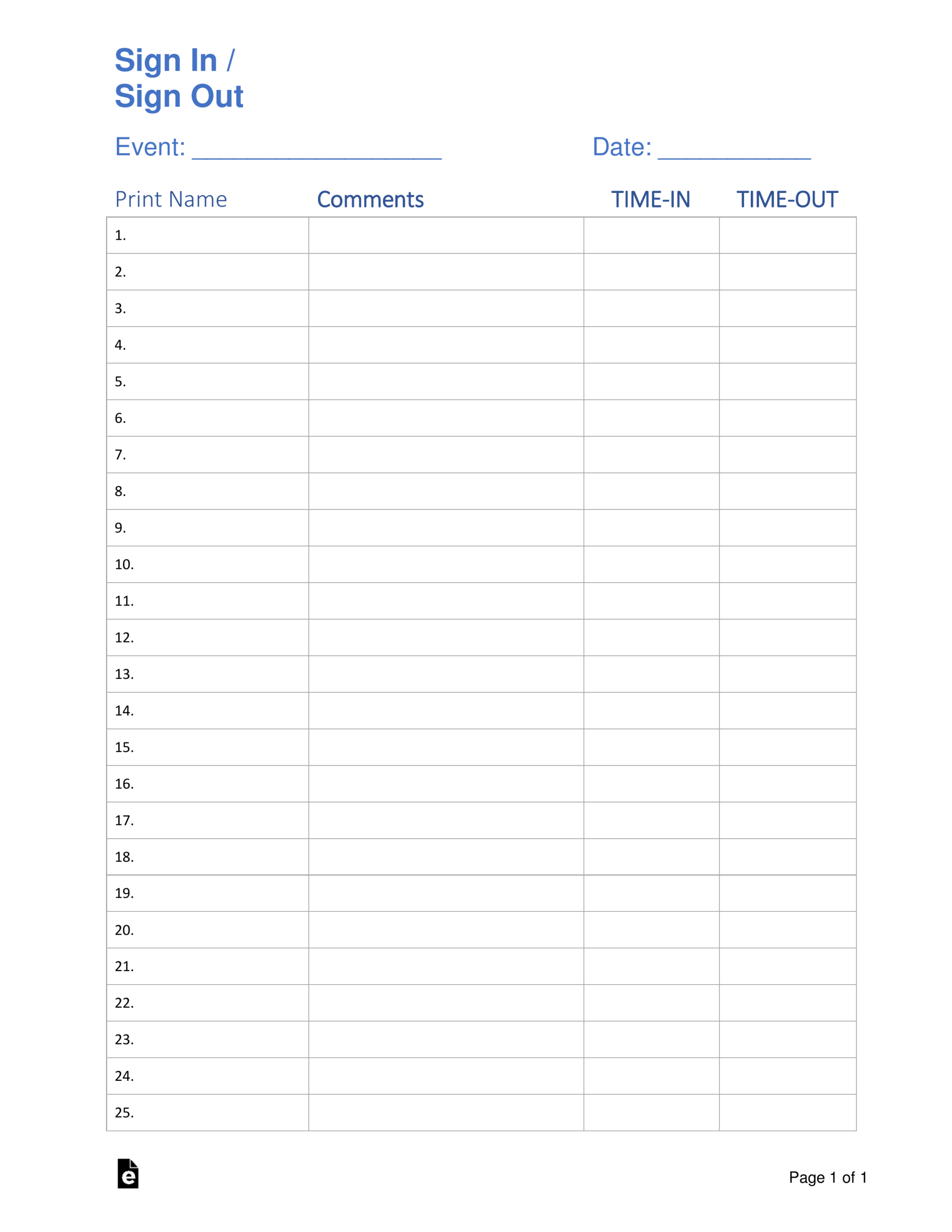 Free Sign In / Sign Up Sheet Templates - Pdf | Word – Eforms with regard to Free Printable Sign In Sheet Template