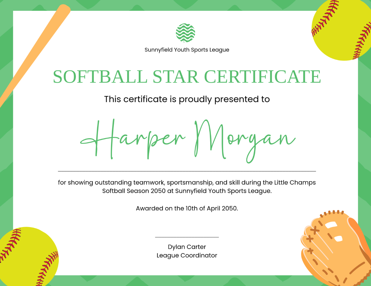 Free Softball Certificate For Kids Template To Edit Online with Free Printable Softball Award Certificates
