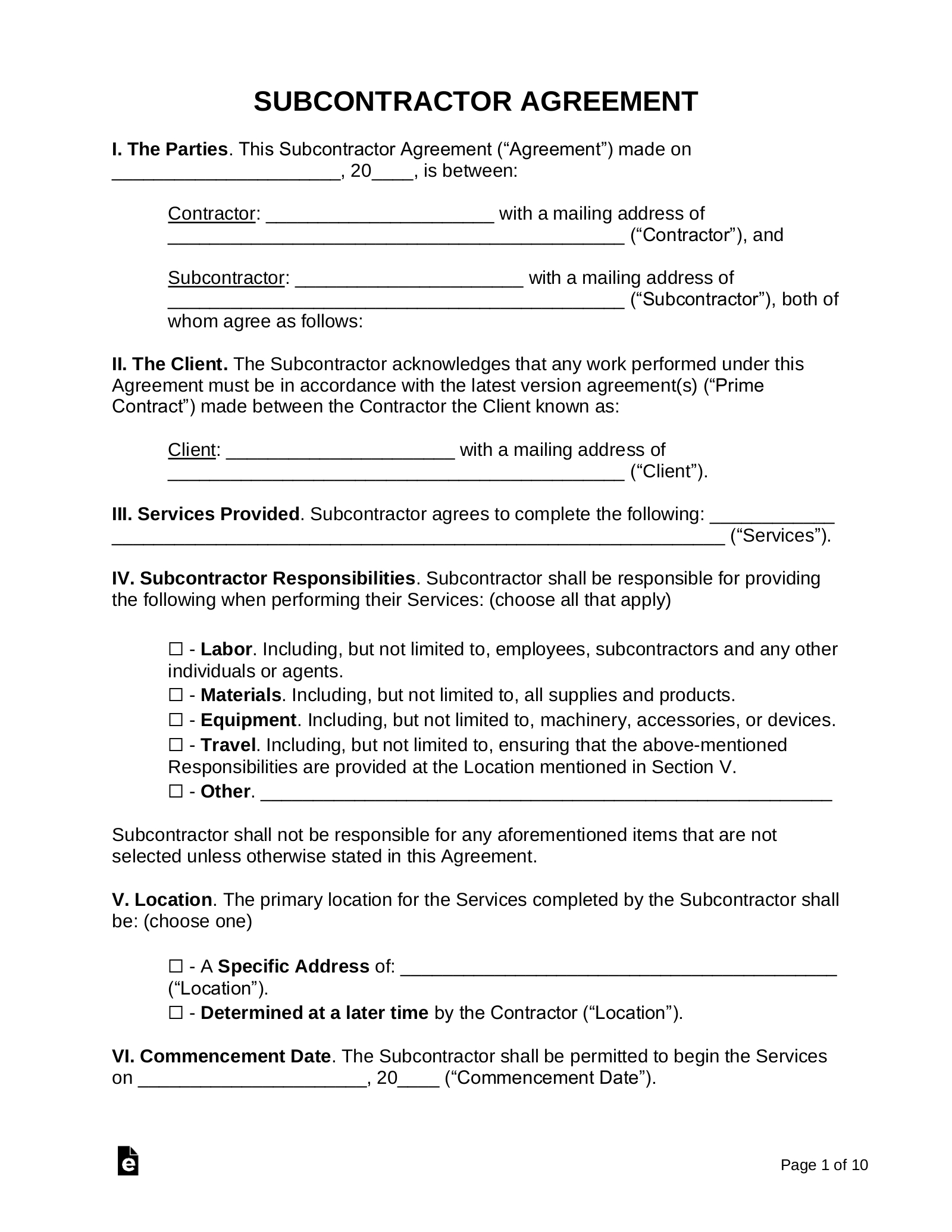 Free Subcontractor Agreement Templates - Pdf | Word – Eforms for Free Printable Subcontractor Agreement