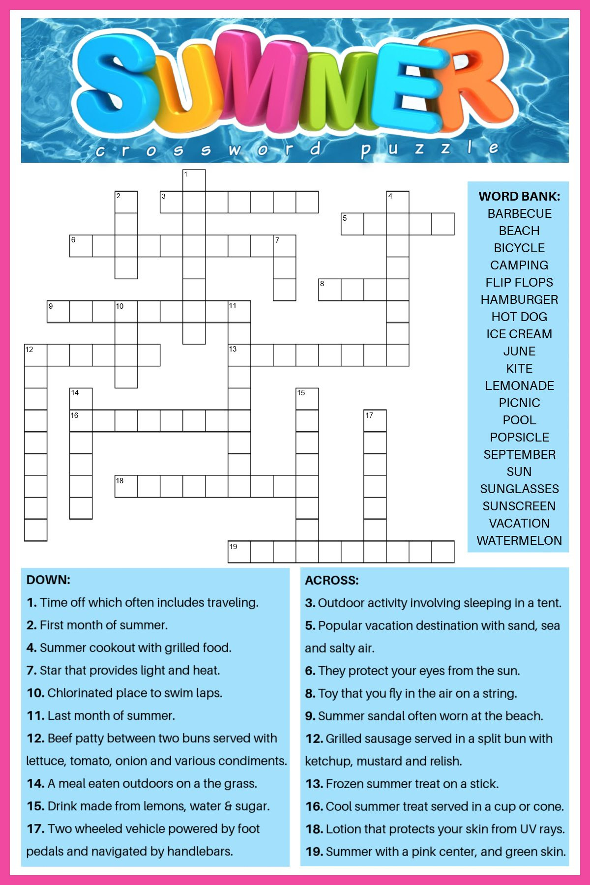 Free Summer Crossword Puzzle (2 Versions) - Answers Included with Summer Crossword Puzzle Free Printable