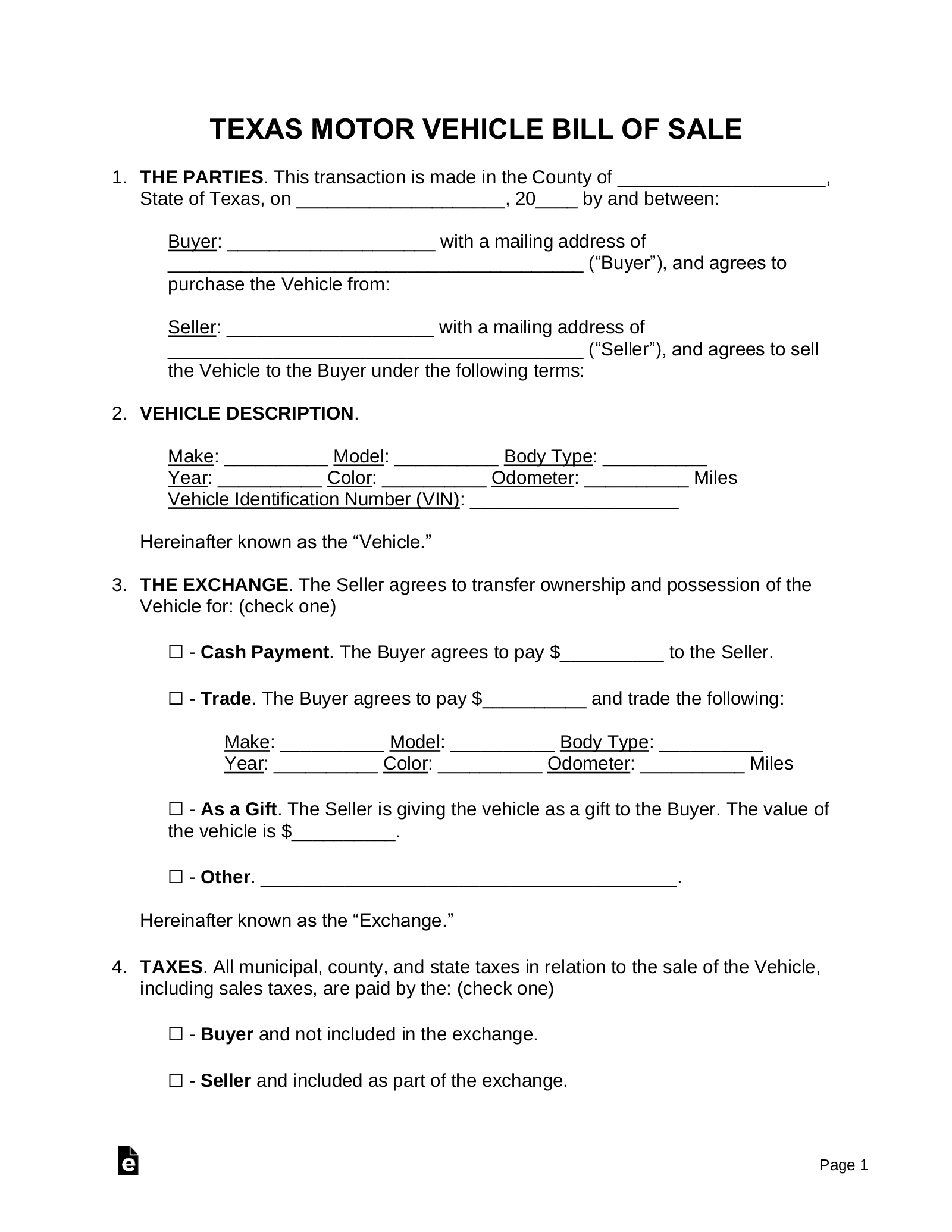 Free Texas Bill Of Sale Forms (4) - Pdf | Word – Eforms within Free Printable Texas Bill Of Sale Form
