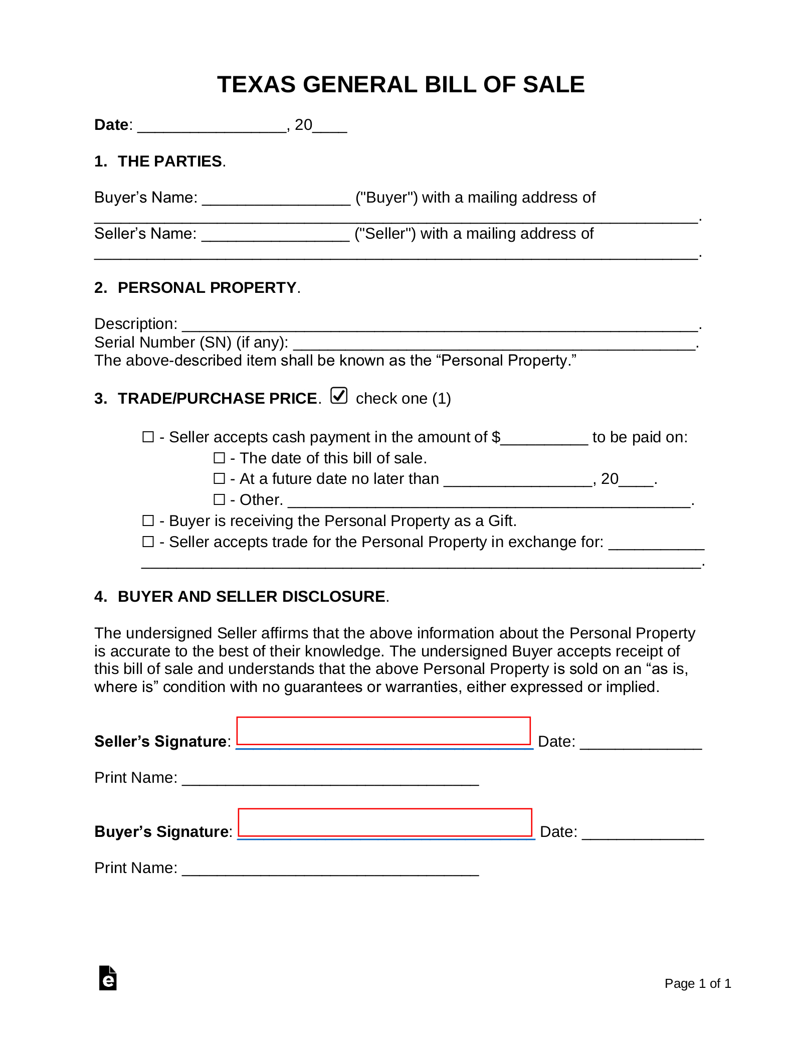 Free Texas General Bill Of Sale Form - Pdf | Word – Eforms pertaining to Free Printable Texas Bill Of Sale Form