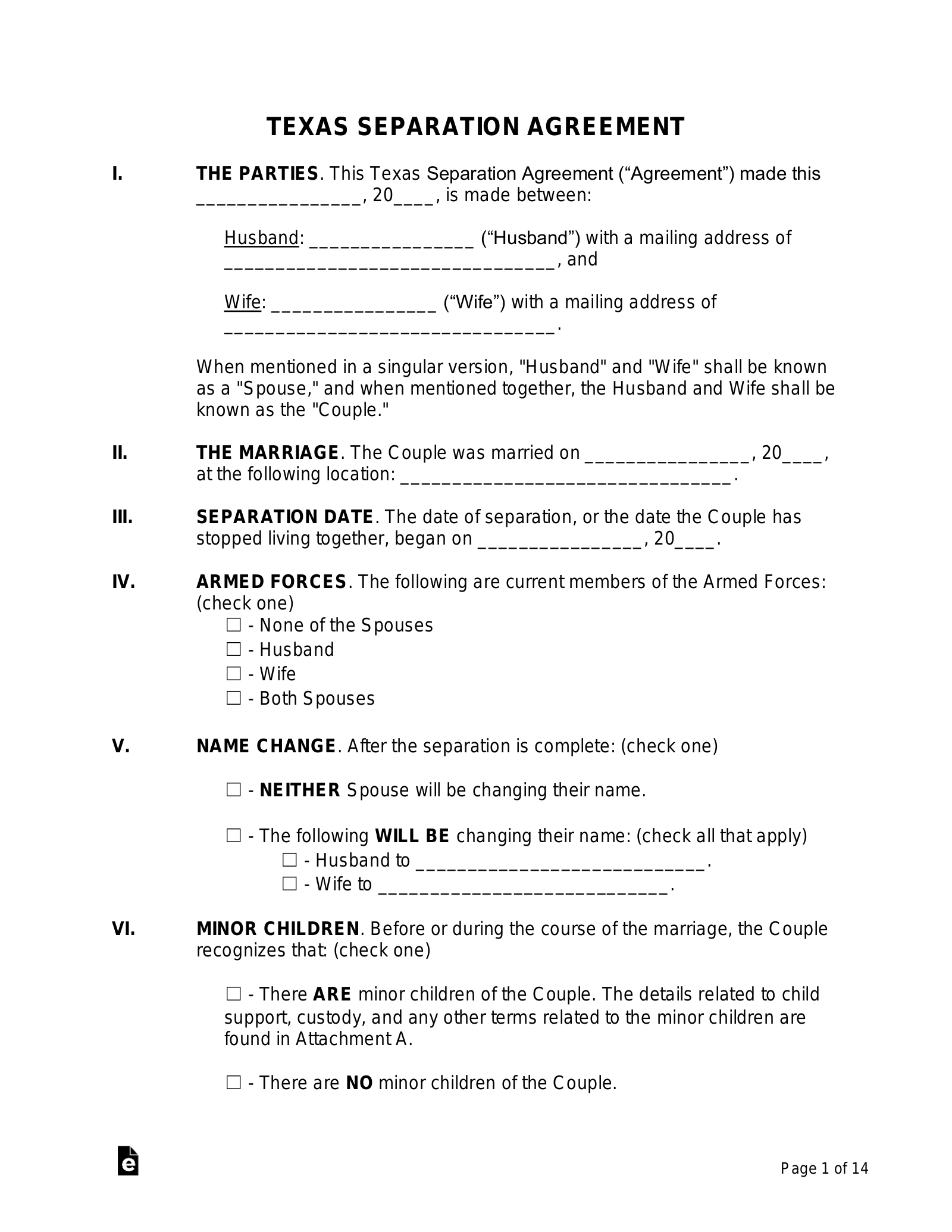 Free Texas Separation Agreement Template - Pdf | Word – Eforms in Free Printable Divorce Forms Texas