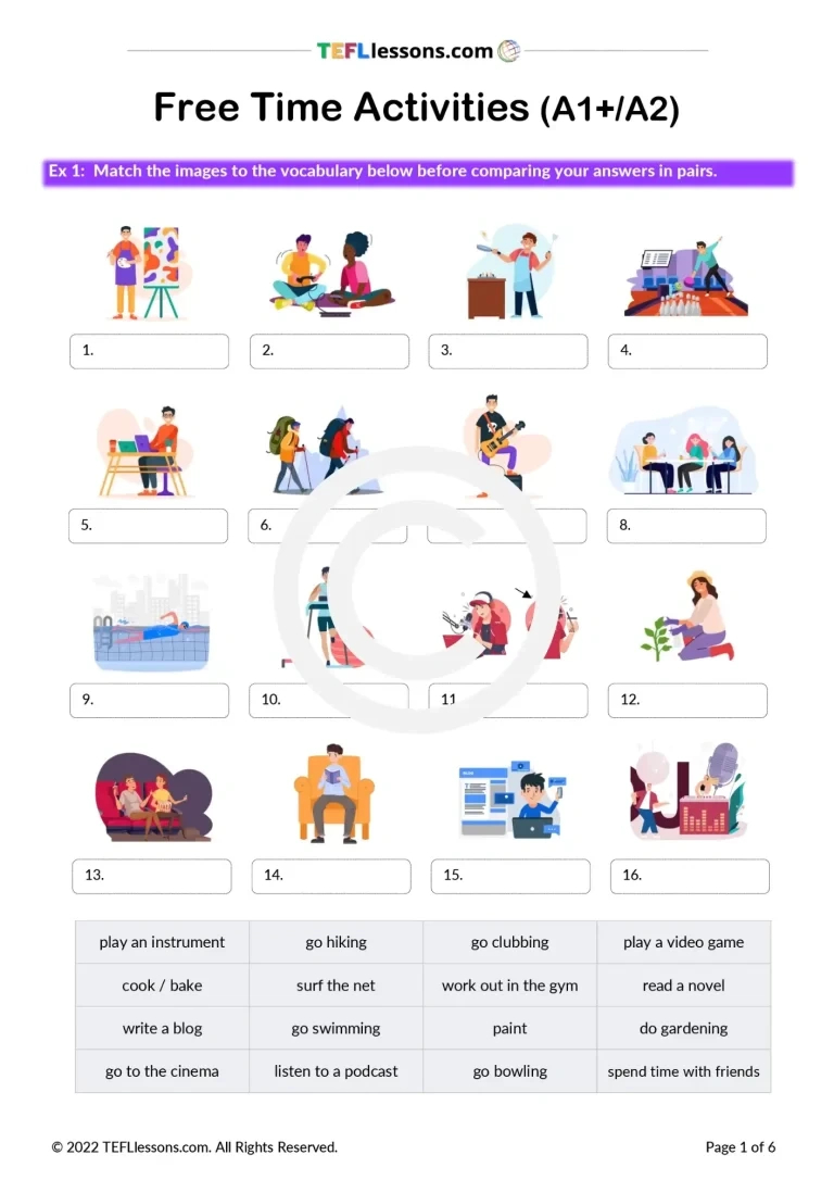 Free Time Activities Lesson - Tefl Lessons - Tefllessons | Esl regarding Free Printable Esl Resources