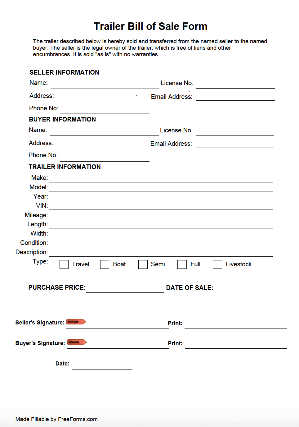 Free Trailer Bill Of Sale Form | Pdf within Free Printable Bill Of Sale For Trailer