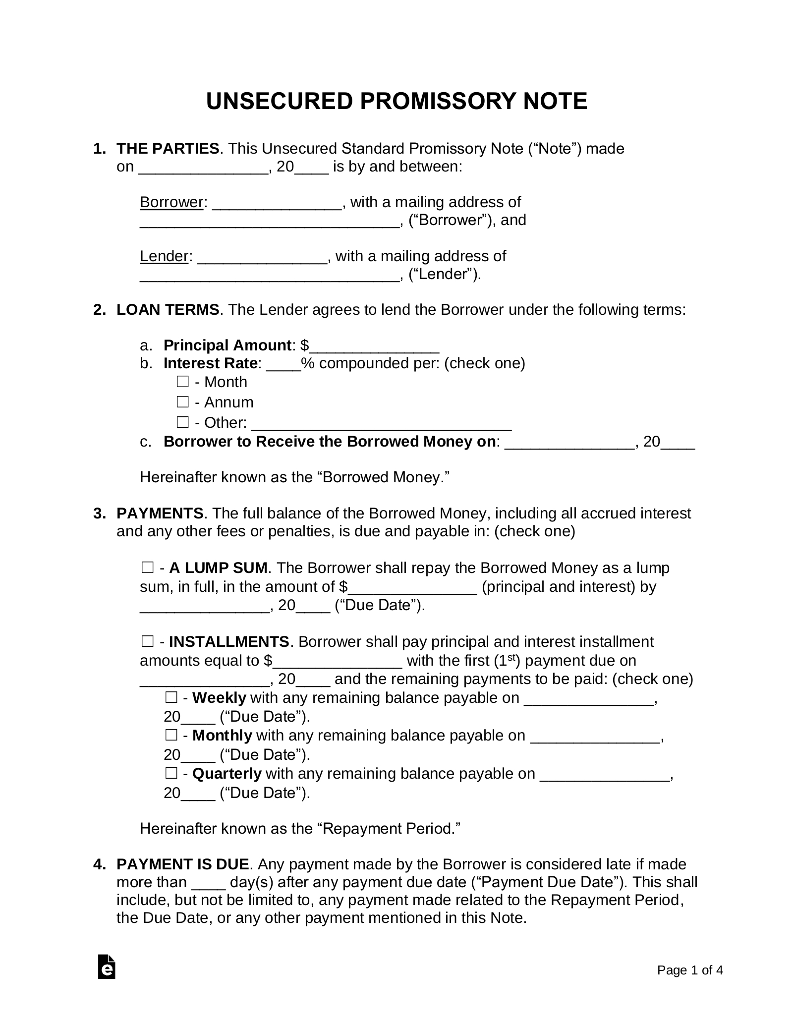 Free Unsecured Promissory Note Template - Pdf | Word – Eforms for Free Promissory Note Printable Form