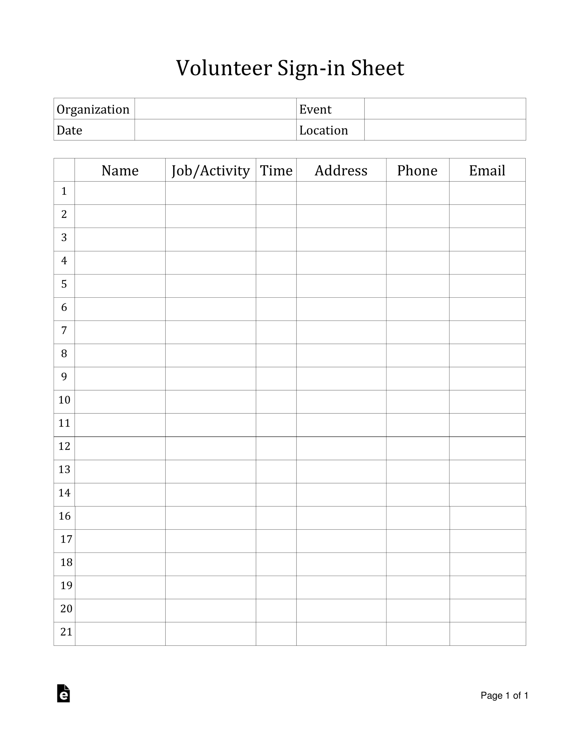 Free Volunteer Sign-In Sheet Template - Pdf | Word – Eforms throughout Free Printable Volunteer Forms