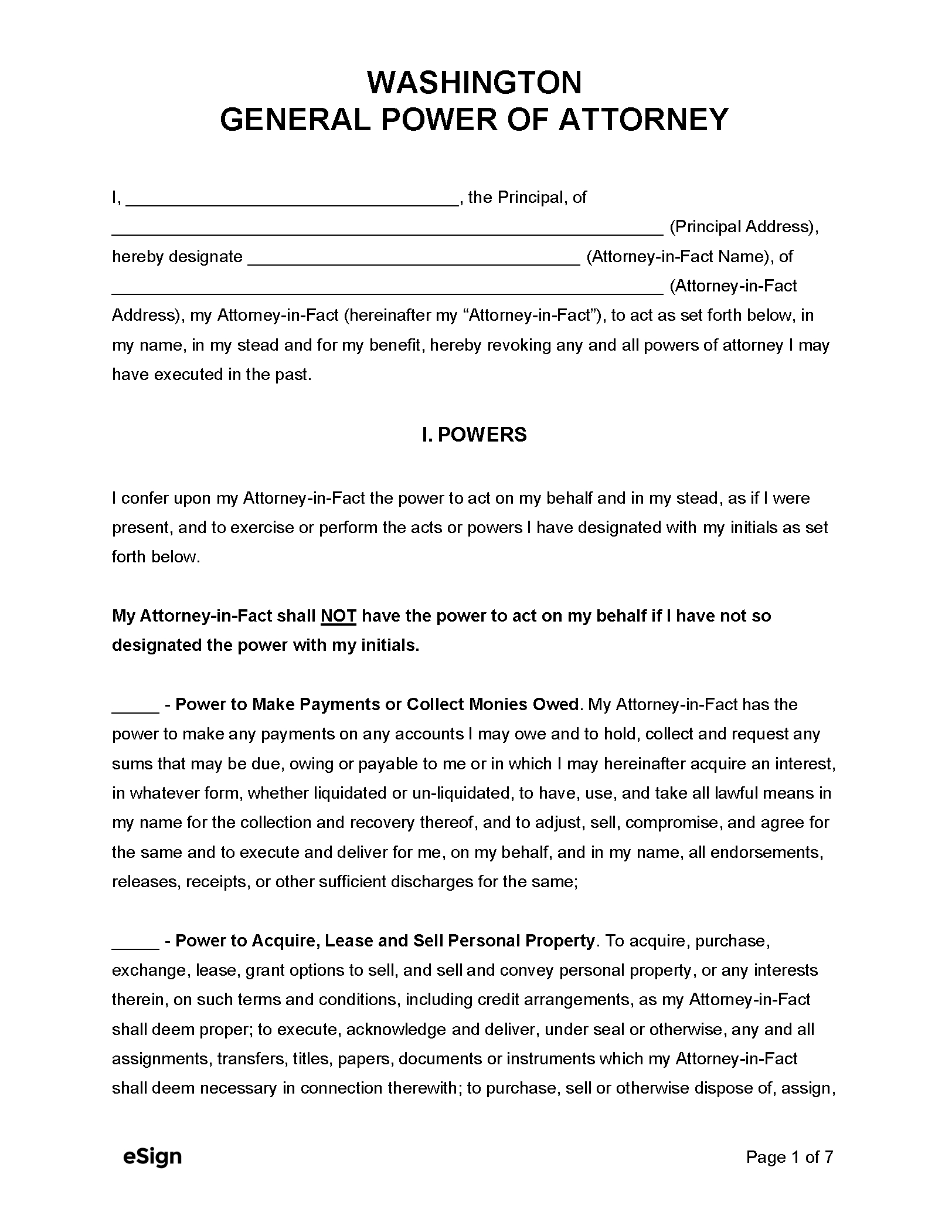 Free Washington General Power Of Attorney Form | Pdf | Word for Free Printable Power Of Attorney Form Washington State