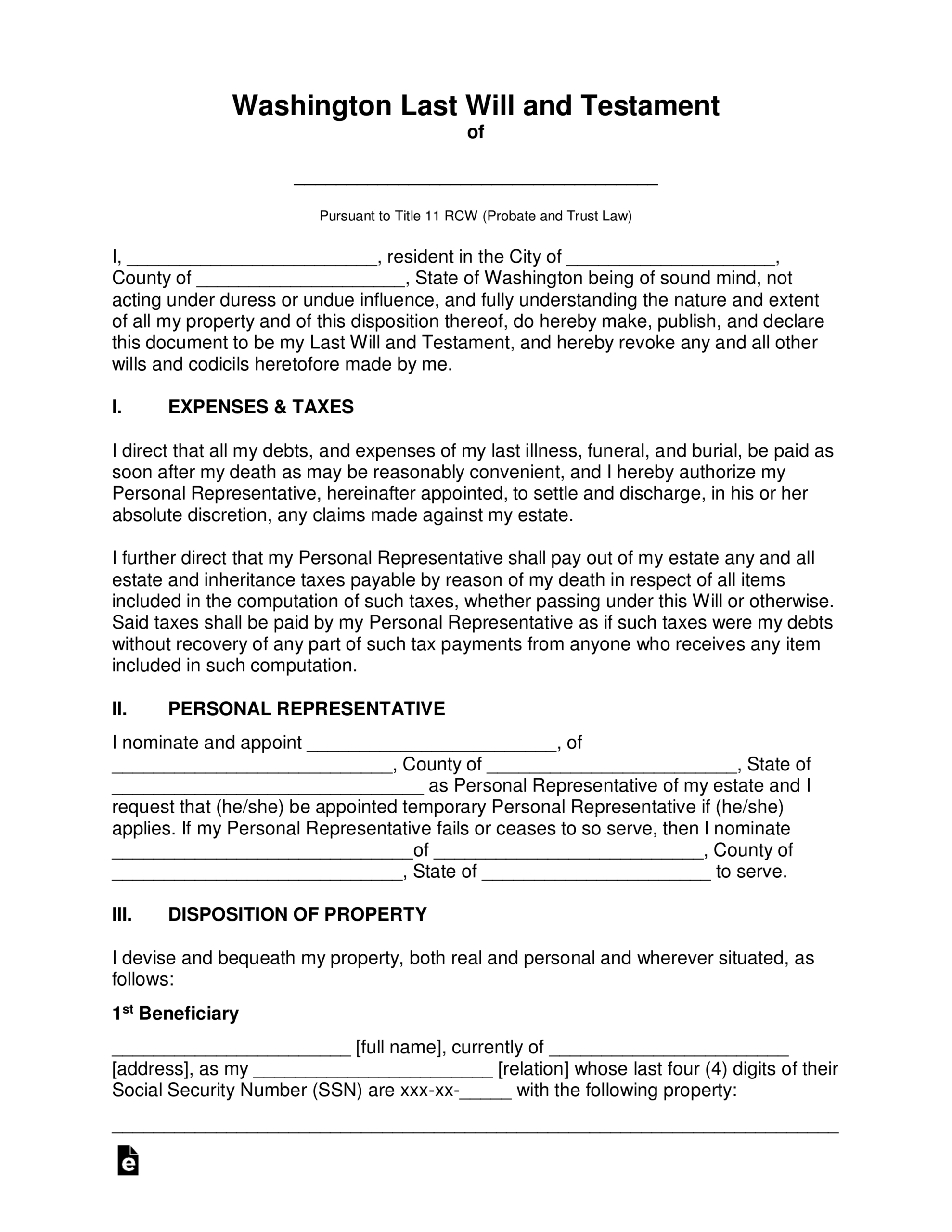 Free Washington Last Will And Testament Template - Pdf | Word – Eforms regarding Free Printable Living Will Forms Washington State