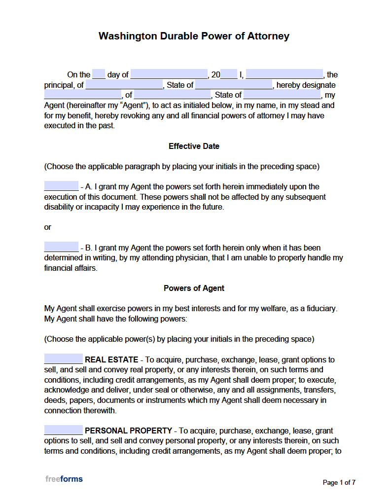 Free Washington Power Of Attorney Forms | Pdf | Word with regard to Free Printable Power Of Attorney Form Washington State