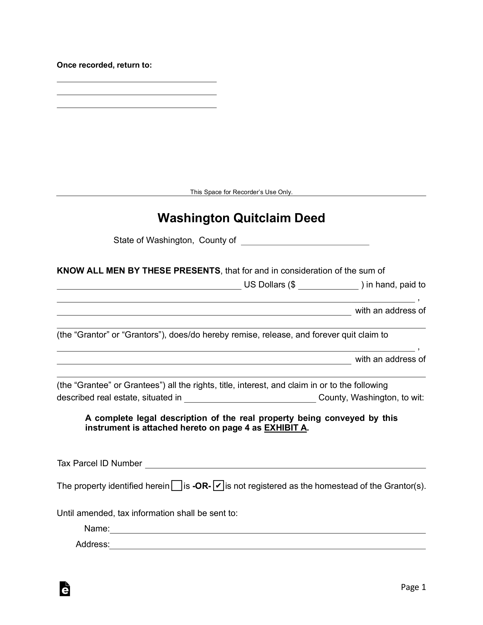 Free Washington Quit Claim Deed Form - Pdf | Word – Eforms throughout Free Printable Quit Claim Deed Washington State Form