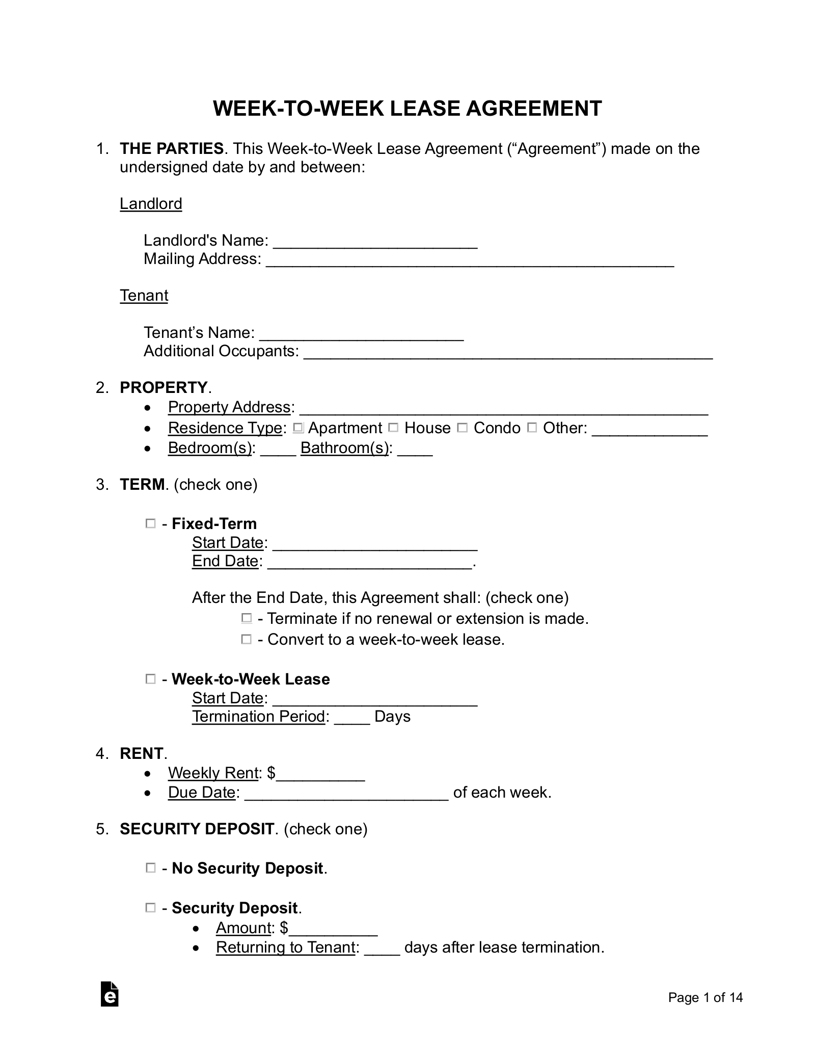 Free Week-To-Week (Weekly) Lease Agreement Template - Pdf | Word for Apartment Lease Agreement Free Printable