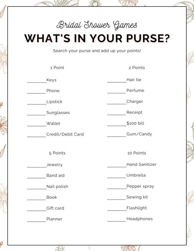Fun And Free Printable Bridal Shower Game: What'S In Your Purse? for Free Printable Bridal Shower Games What'S In Your Purse