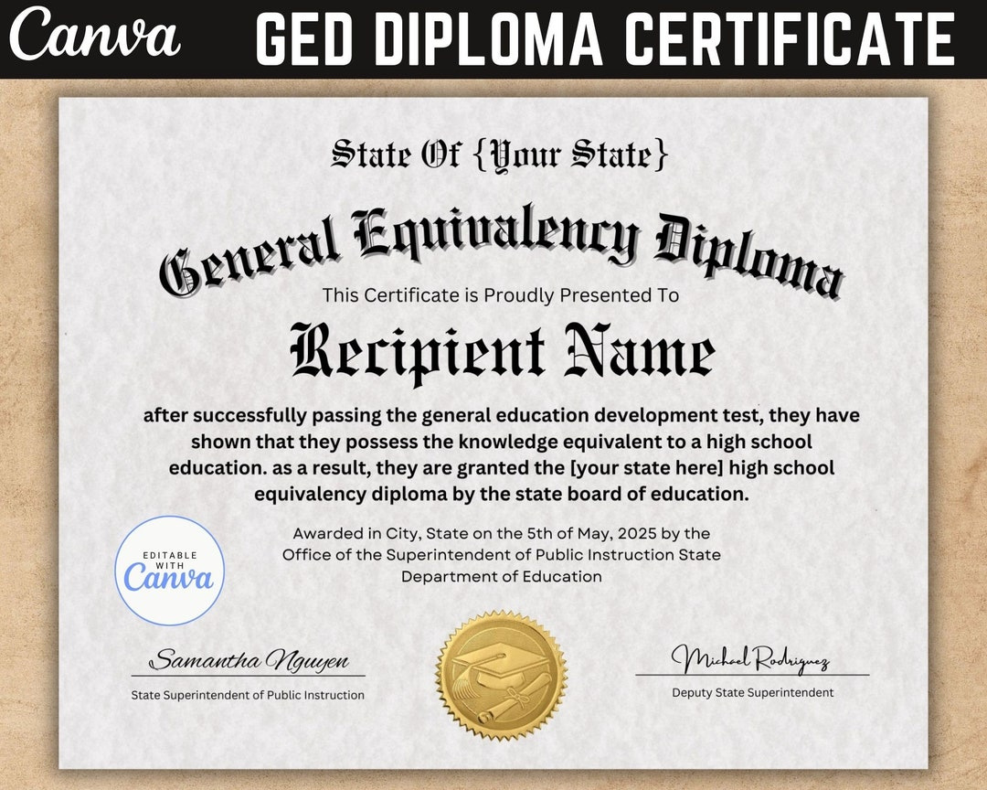 Ged Diploma Certificate With Seal, Canva Template, Certificate throughout Free Printable Ged Certificate