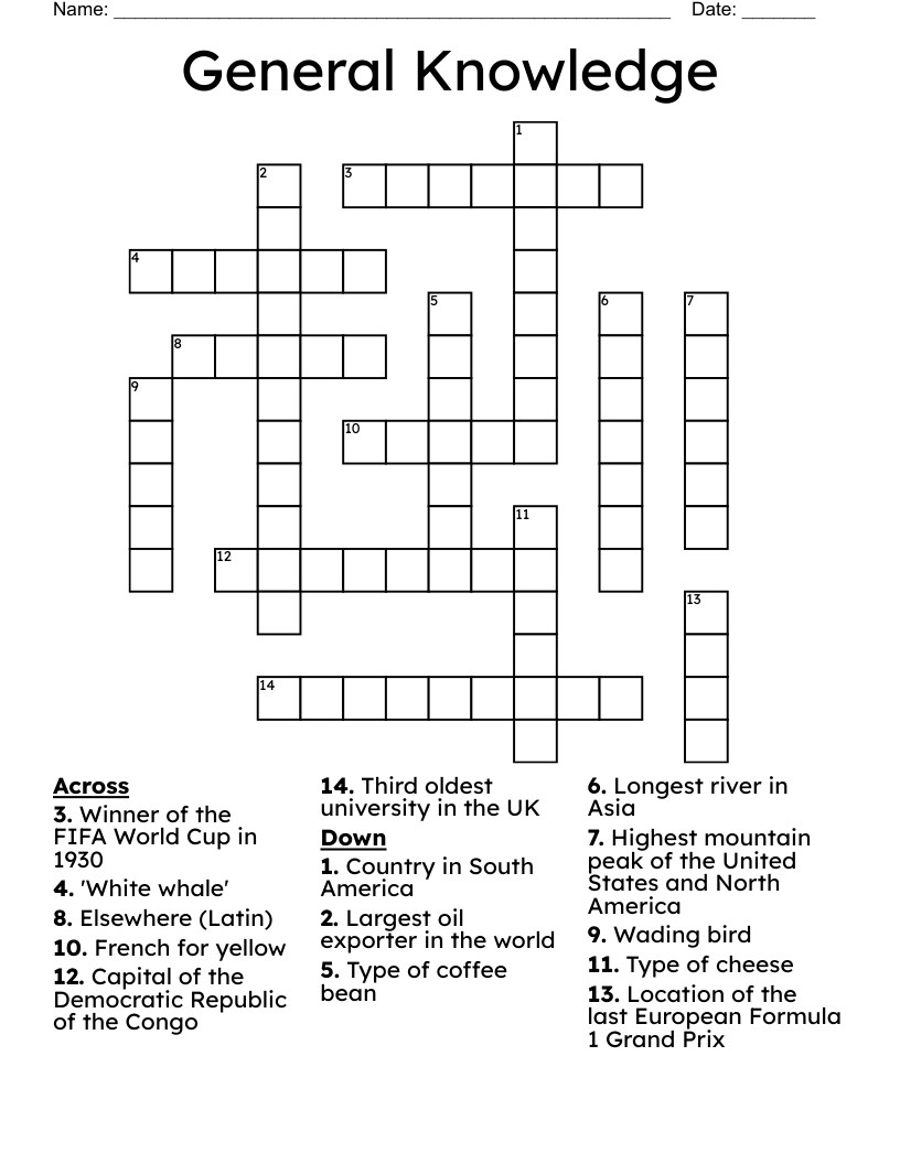 General Knowledge Crossword - Wordmint intended for Free Printable General Knowledge Crossword Puzzles