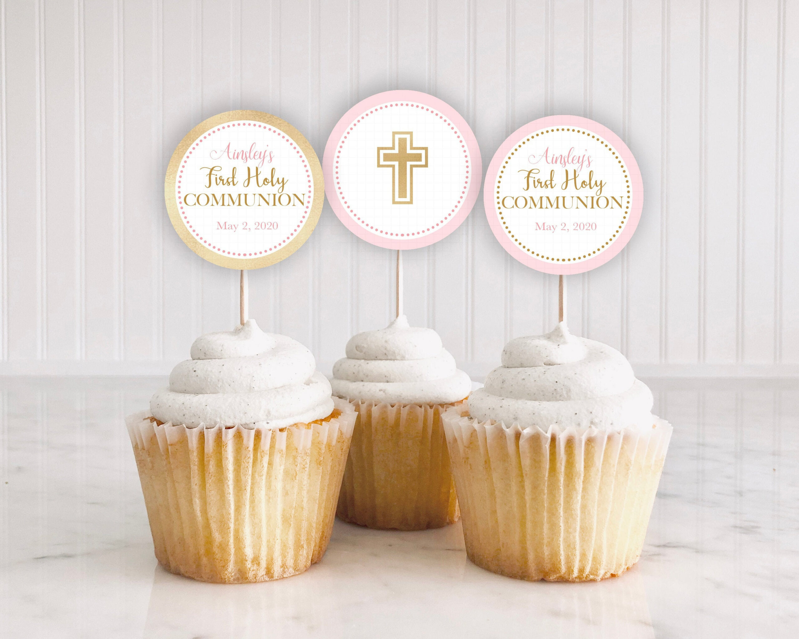 Girl First Communion Cupcake Toppers Printable: &amp;quot;First Communion Cupcake&amp;quot;  Blush, Gold, First Holy Communion, Party Supplies, Download inside Free Printable First Communion Cupcake Toppers
