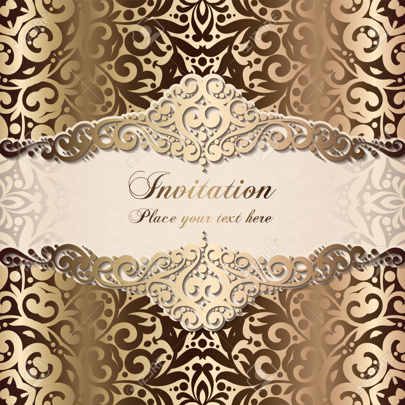 Gold Wedding Invitation Card Template Design With Damask Pattern within Free Printable Damask Place Cards