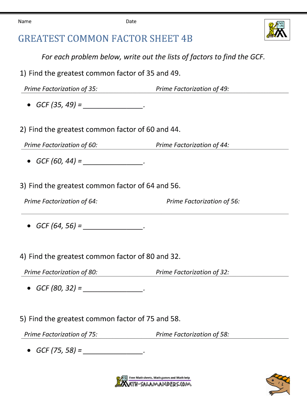 Greatest Common Factor Worksheet Page intended for Free Printable Greatest Common Factor Worksheets