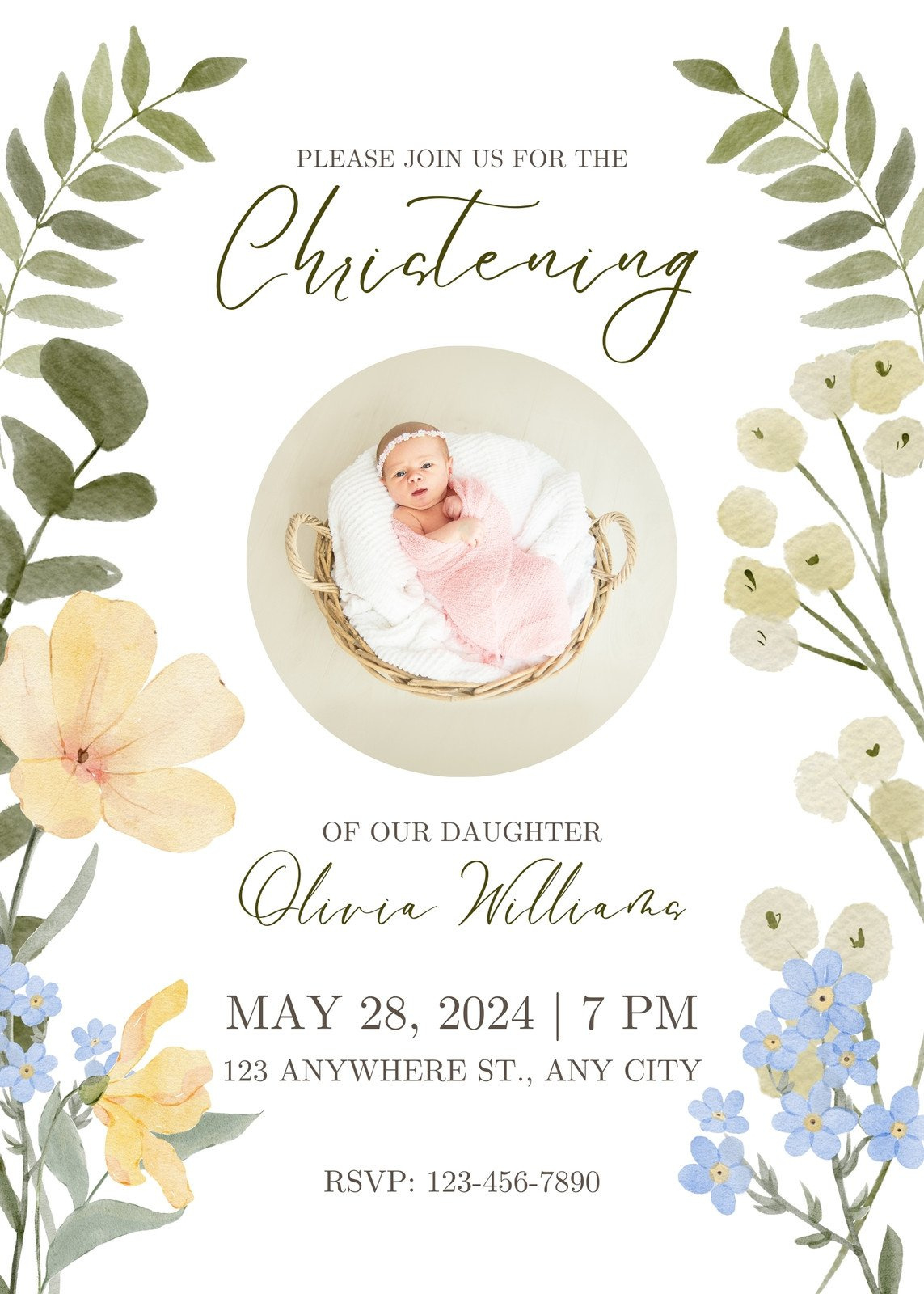 Green And White Watercolor Baptism Invitation in Free Printable Baptism Invitations