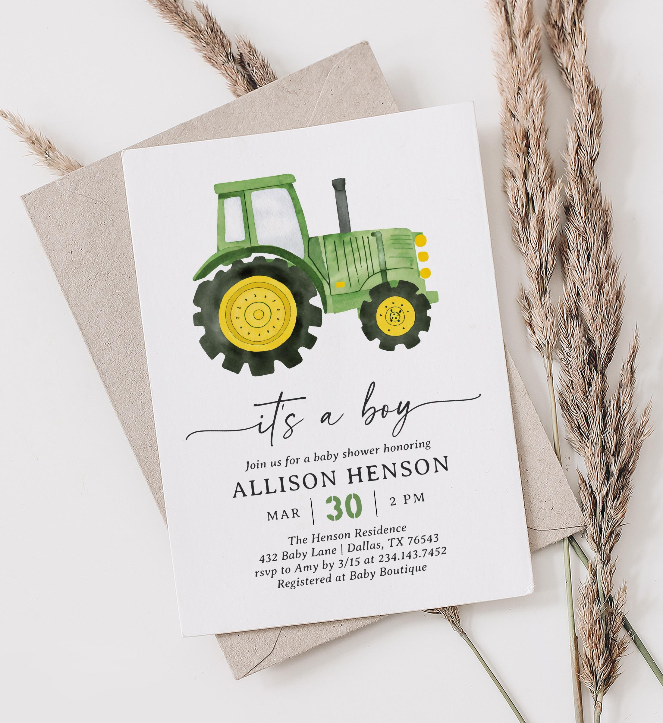 Green Tractor Baby Shower Invitation Template, It'S A Boy Farm with Free Printable John Deere Baby Shower Invitations