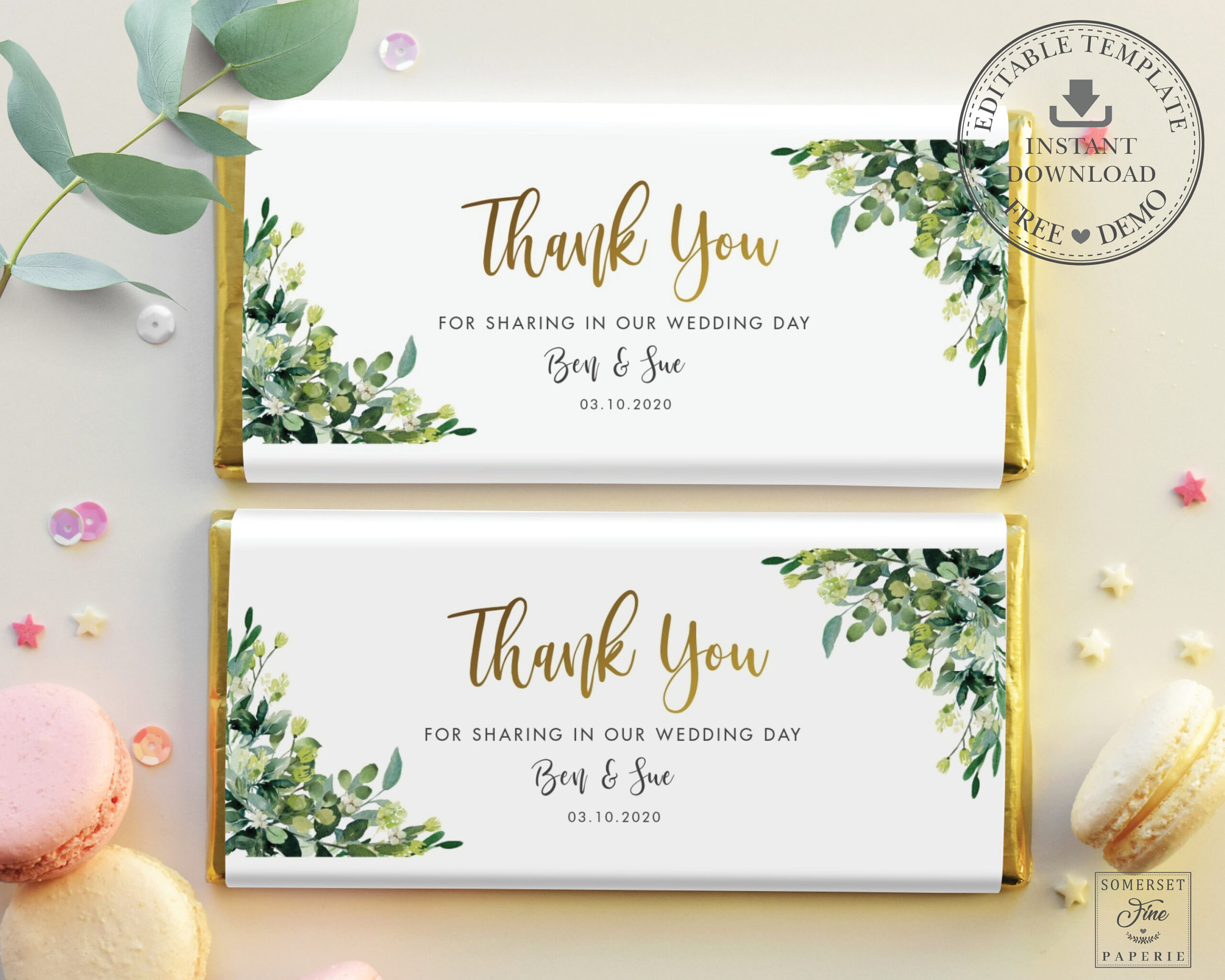 Greenery Wedding Chocolate Bar Label Instant Download, Candy Bar with Free Printable Candy Bar Wrappers For Bridal Shower