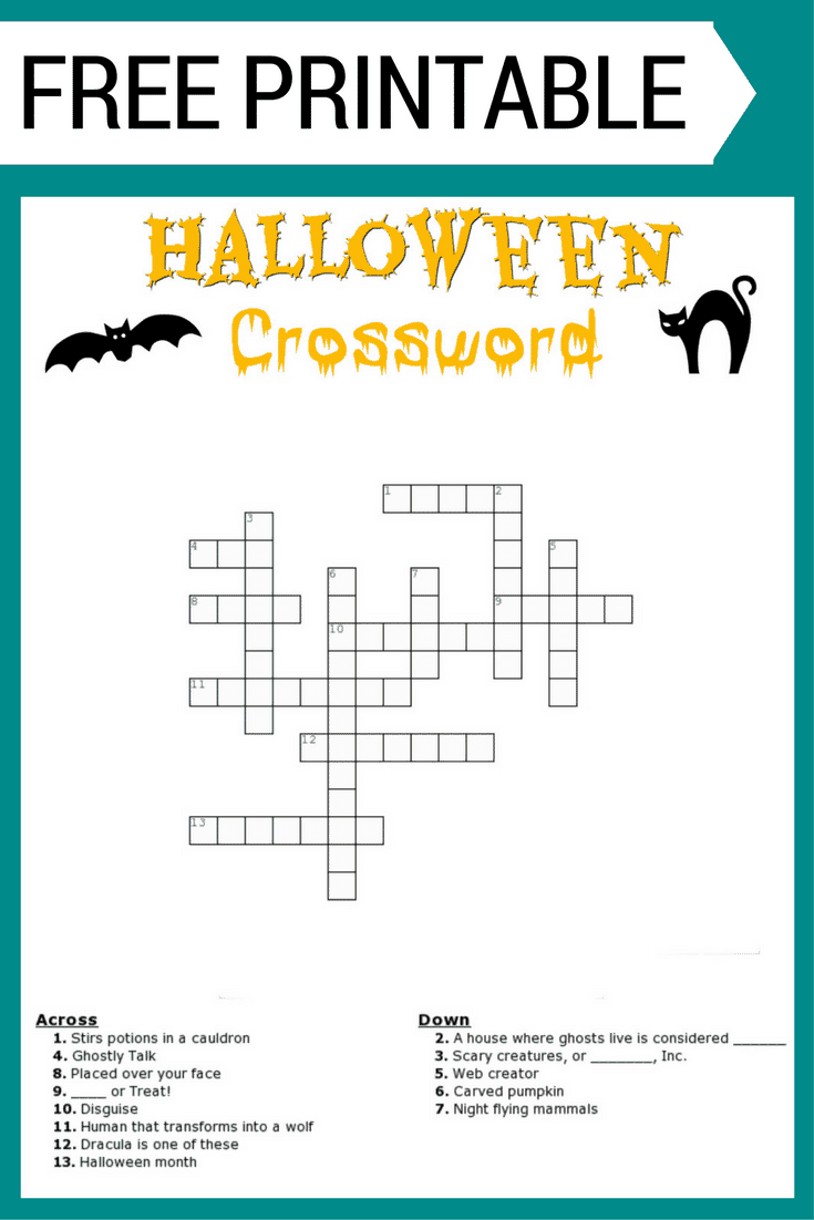 Halloween Crossword Printable (With Or Without Word Bank) inside Halloween Crossword Printable Free