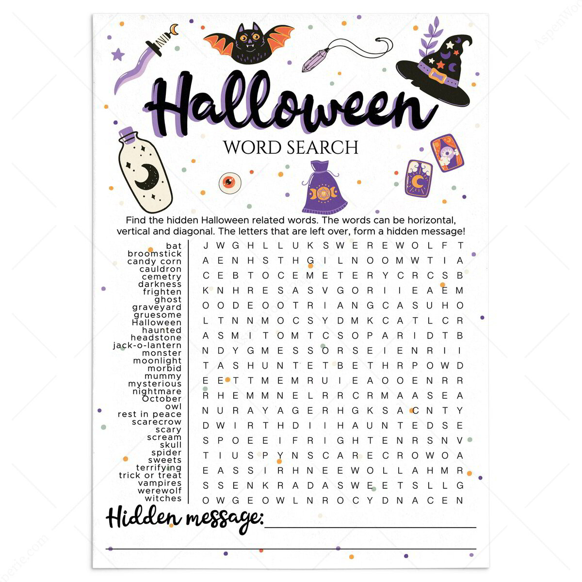 Halloween Word Find Game Printable With Hidden Message | Download Now inside Free Word Search With Hidden Message Printable