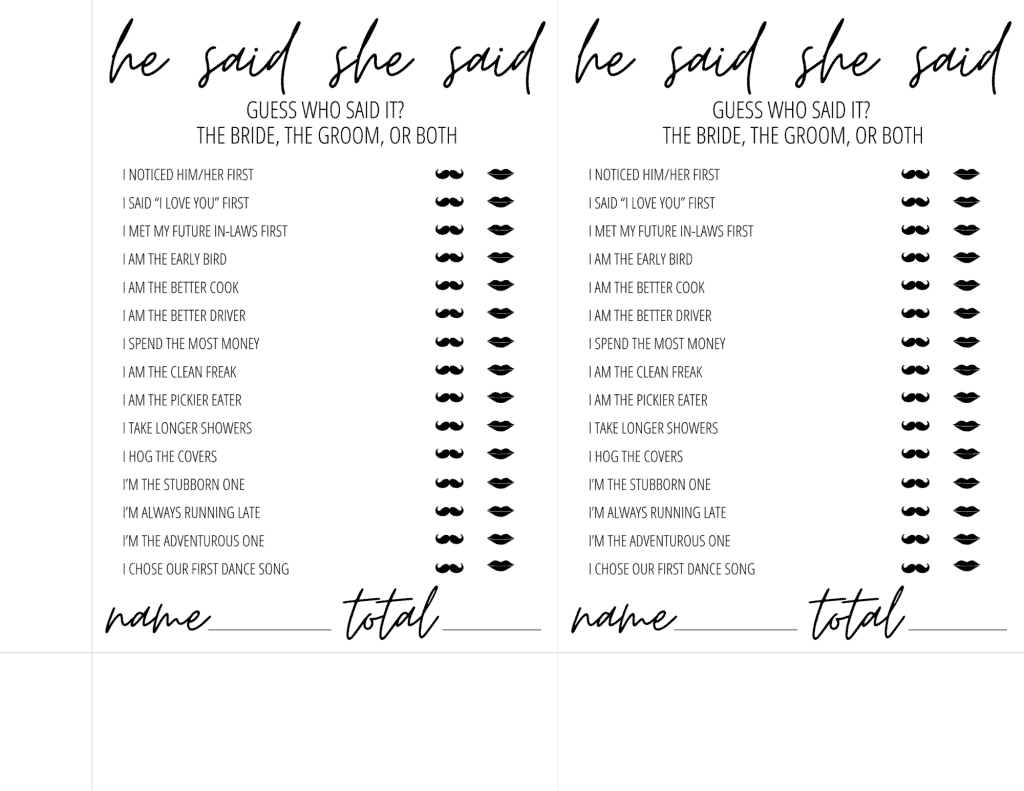 He Said She Said Bridal Shower Game Free Printable | Modern Moh with regard to He Said She Said Game Free Printable